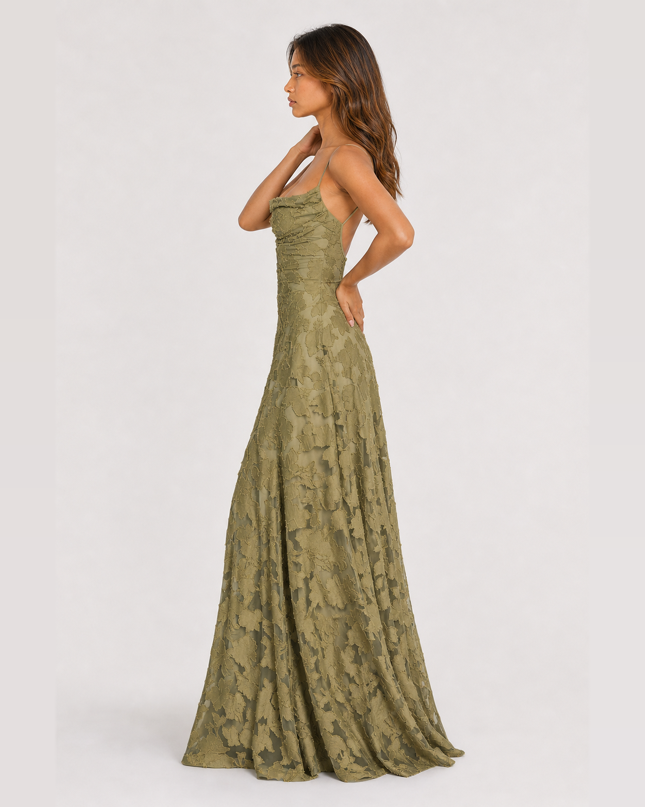 Cecily sage green floral applique A-line maxi dress - side