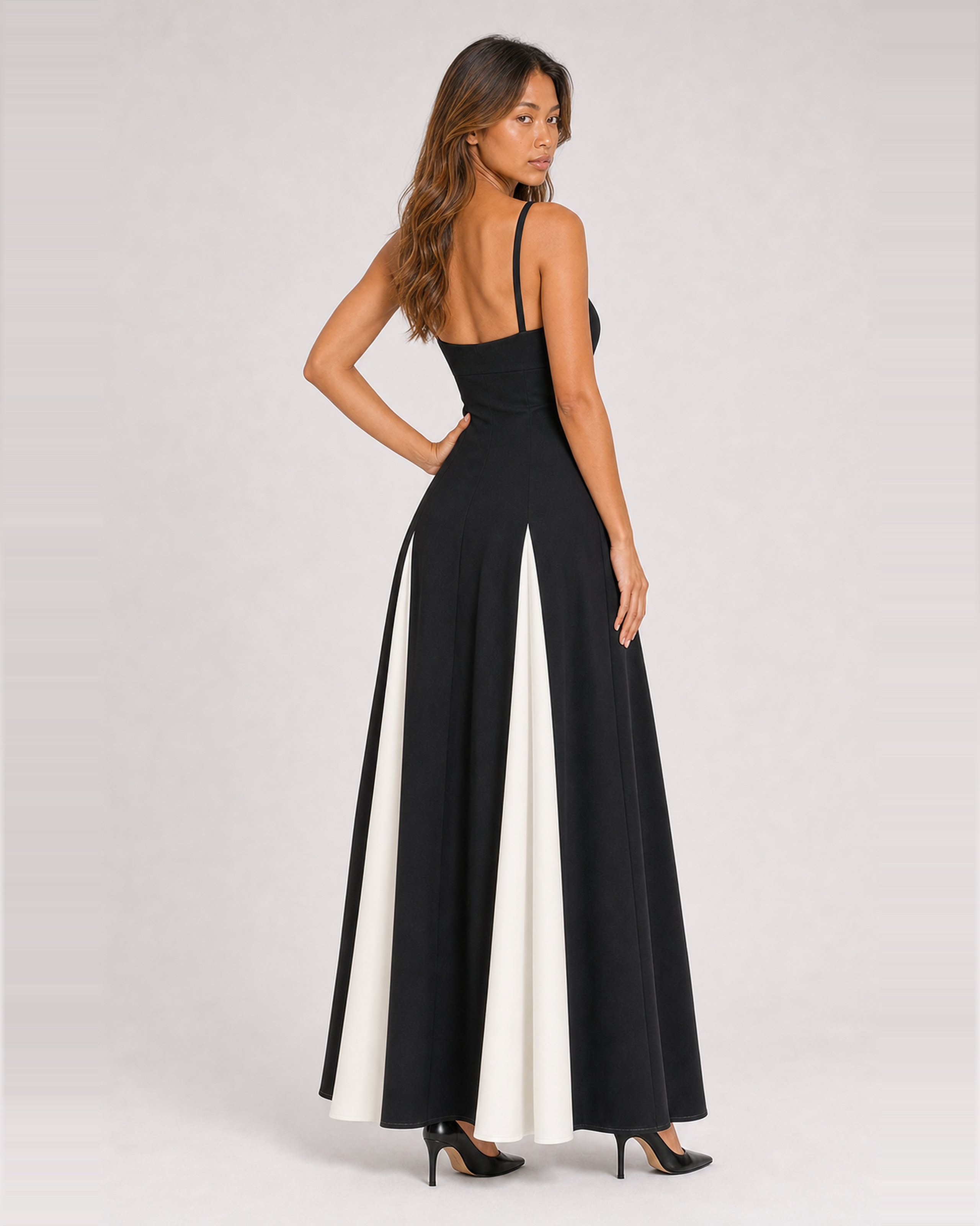 Isadora black and white panelled maxi dress - back over shoulder