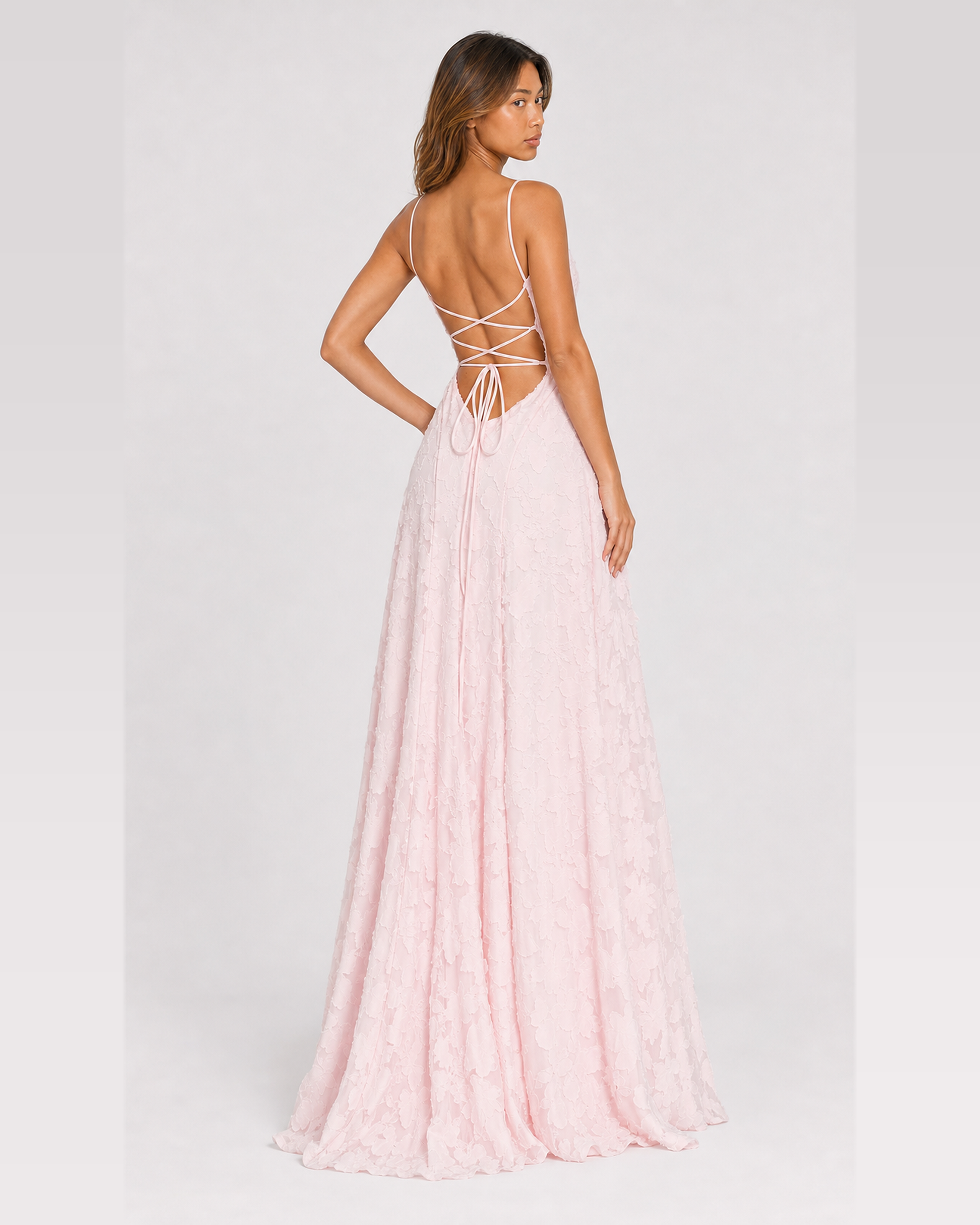 Cecily | Blush Pink Draped-Neck Floral Applique A-Line Maxi Dress with Lace-Up Back - Back over shoulder