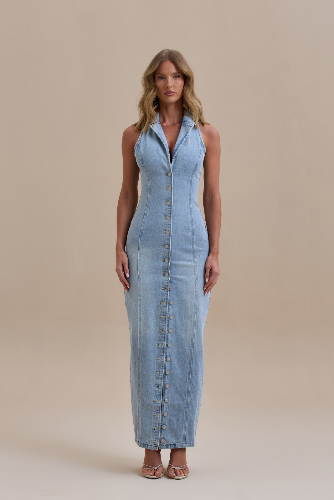 Hazel Doe Marlowe Mid Wash Blue Denim Halterneck Collar Maxi Dress 05
