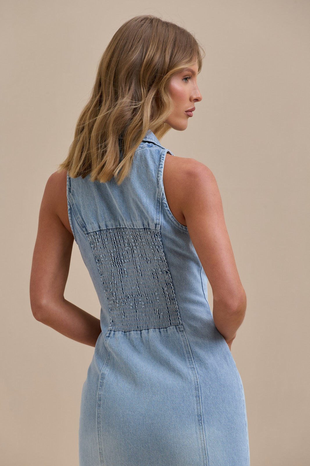 Hazel Doe Marlowe Mid Wash Blue Denim Halterneck Collar Maxi Dress 09