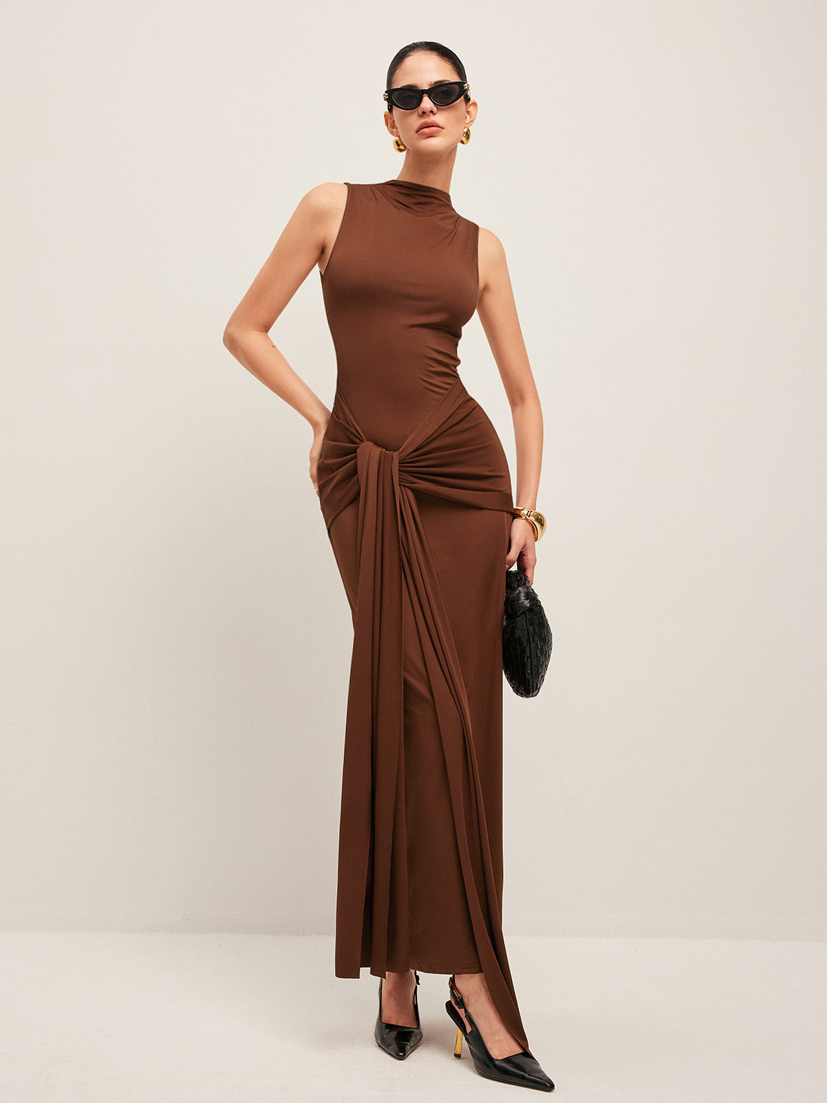 Hazel Doe Haven Brown Twisted Knot Crew Neck Sleeveless Jersey Maxi Dress 01