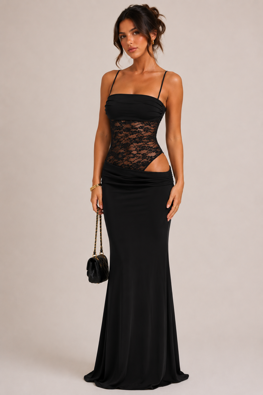 Rosalie black lace-waist maxi dress with tie straps - front
