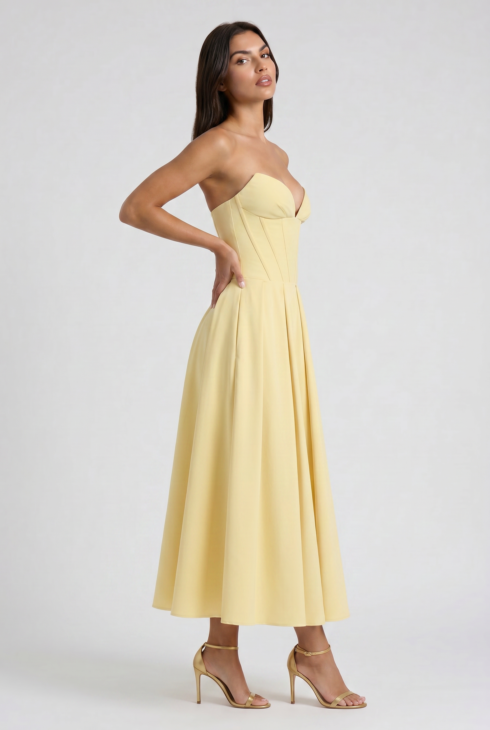 Adeline | Butter Yellow Corset Midi Dress with Full Pleated Skirt