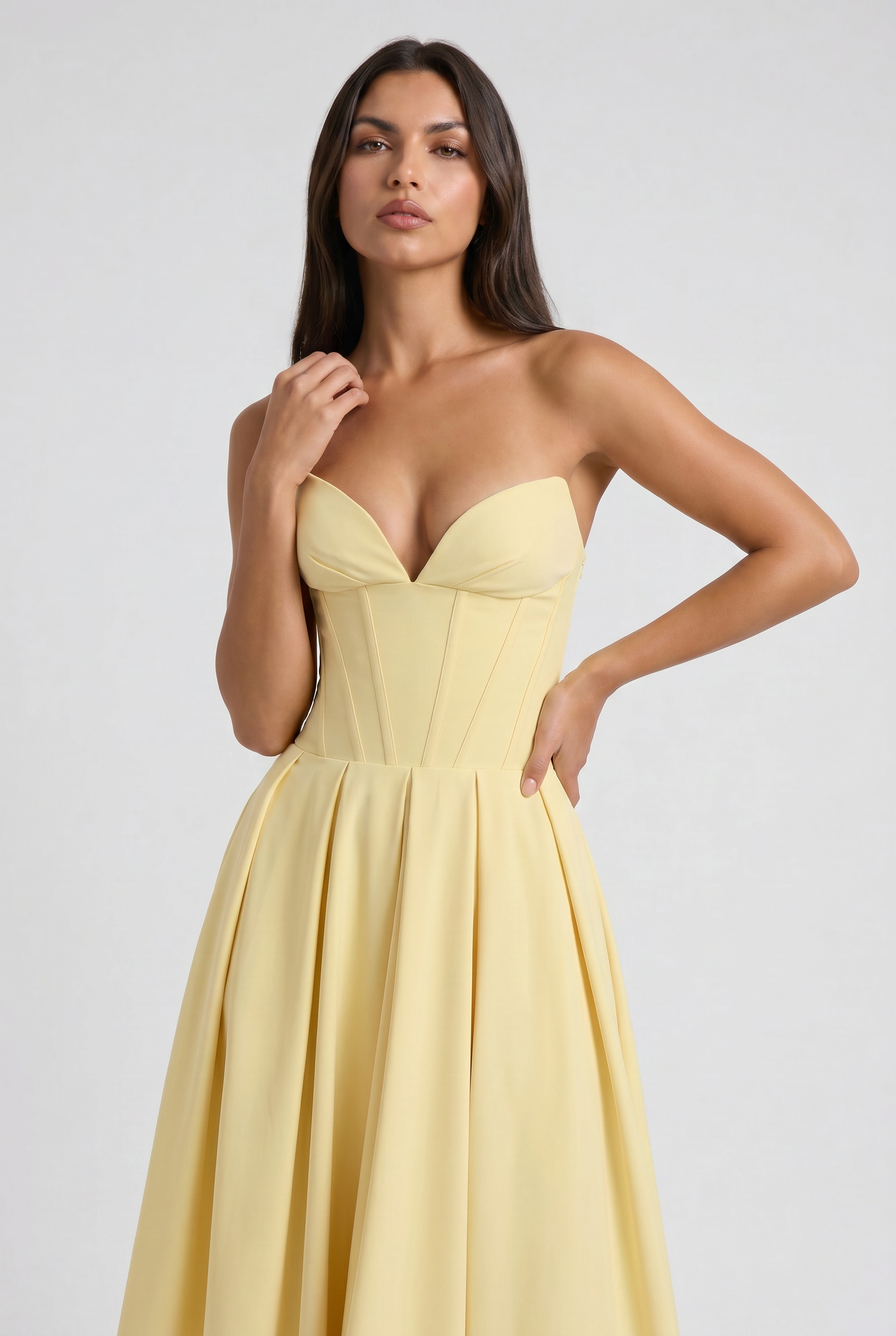 Adeline | Butter Yellow Corset Midi Dress with Full Pleated Skirt