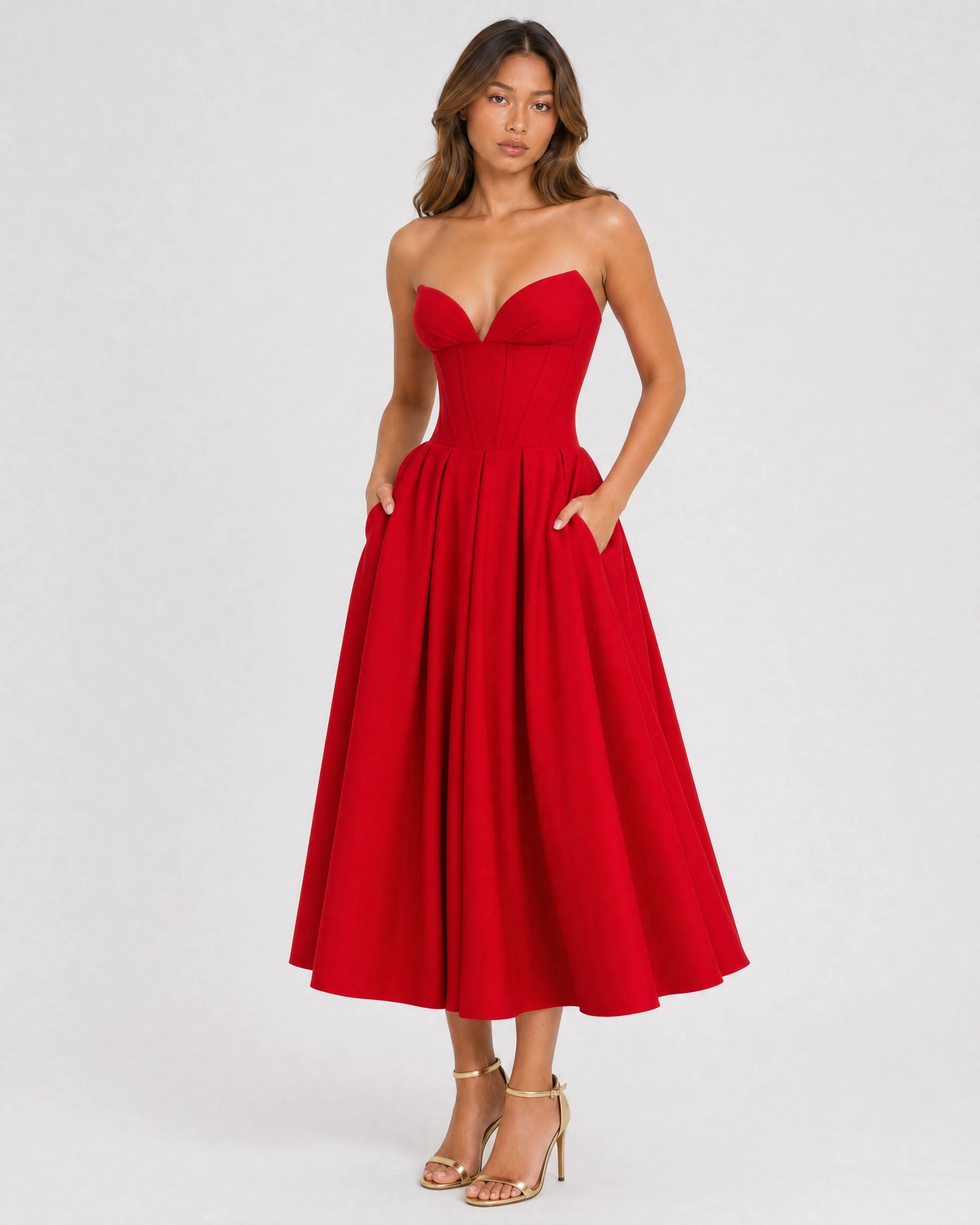 Adeline red corset midi dress with full pleated skirt - front view alternate pose