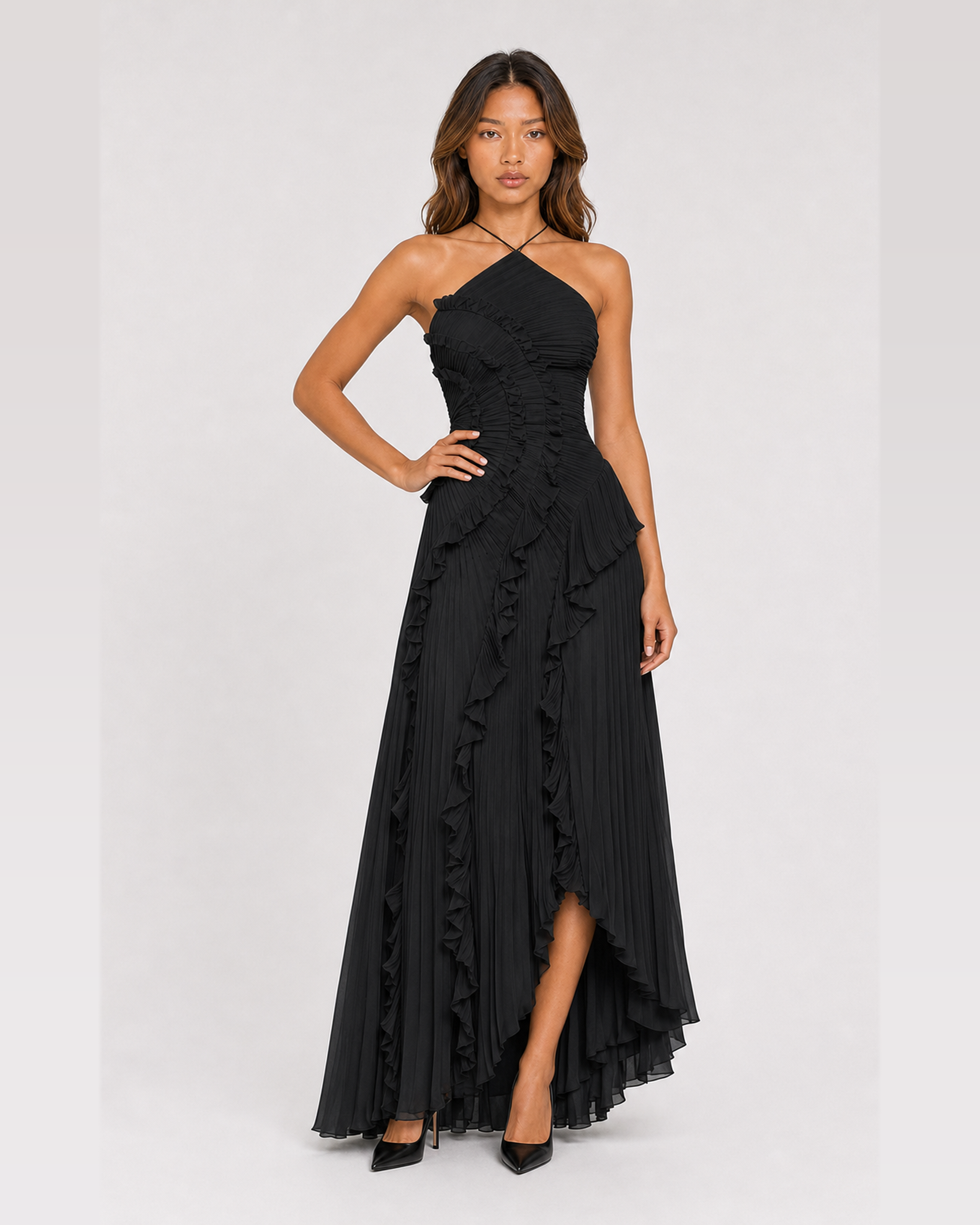Aveline Black asymmetric pleated halter ruffle maxi dress, front view