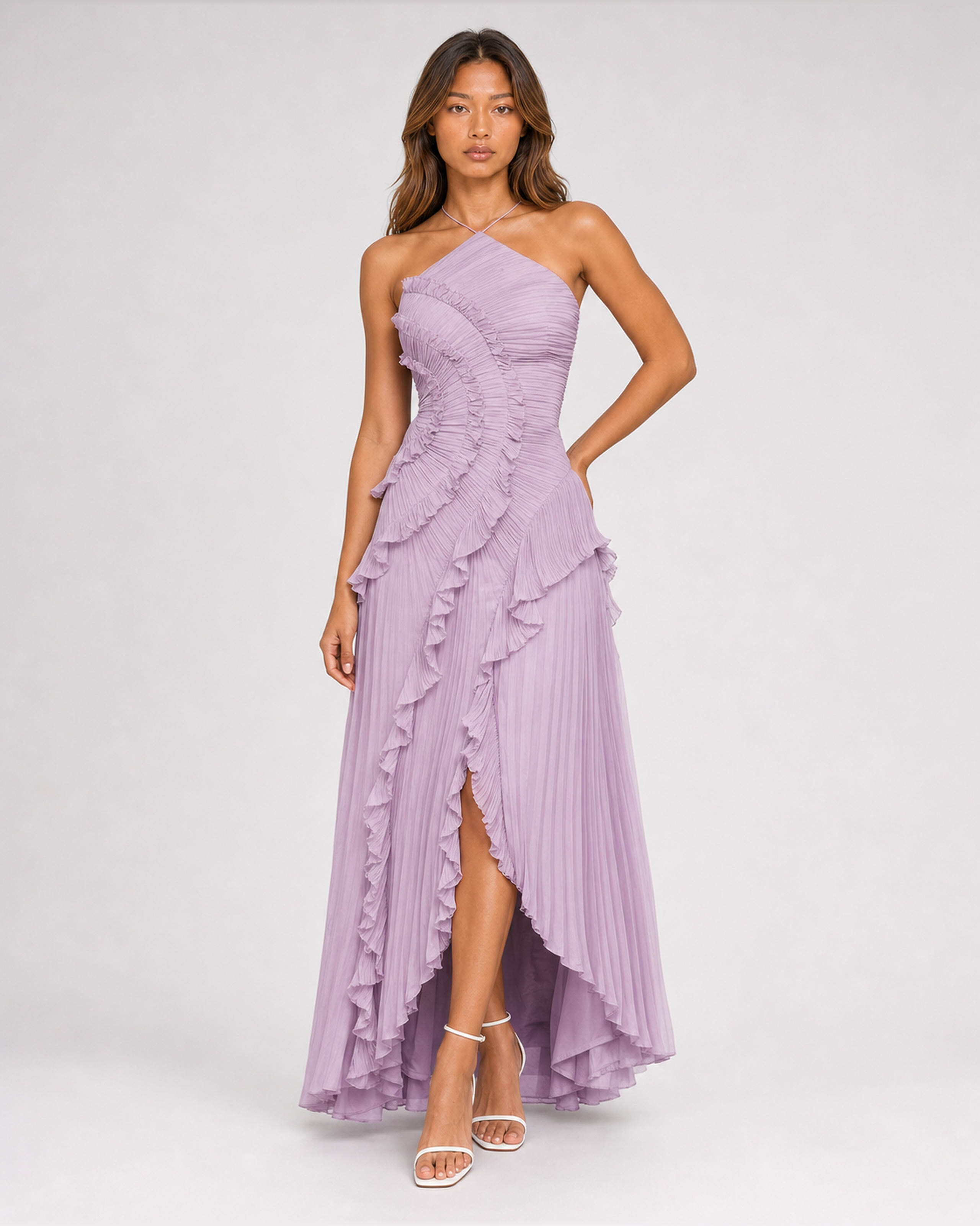 Aveline Purple asymmetric pleated halter ruffle maxi dress, front view