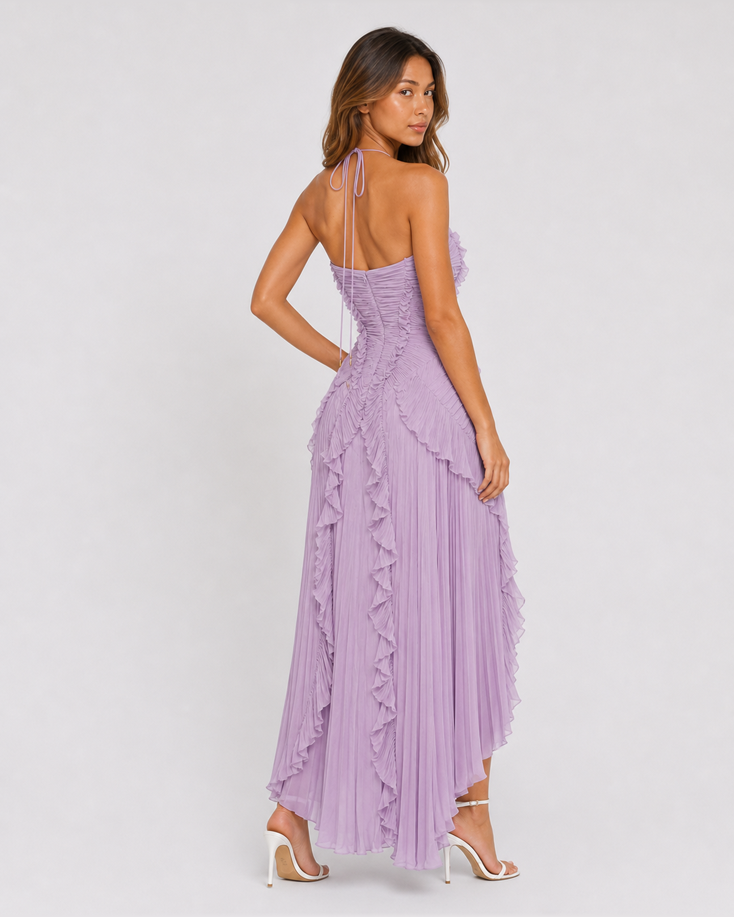 Aveline Purple maxi dress, back view over shoulder
