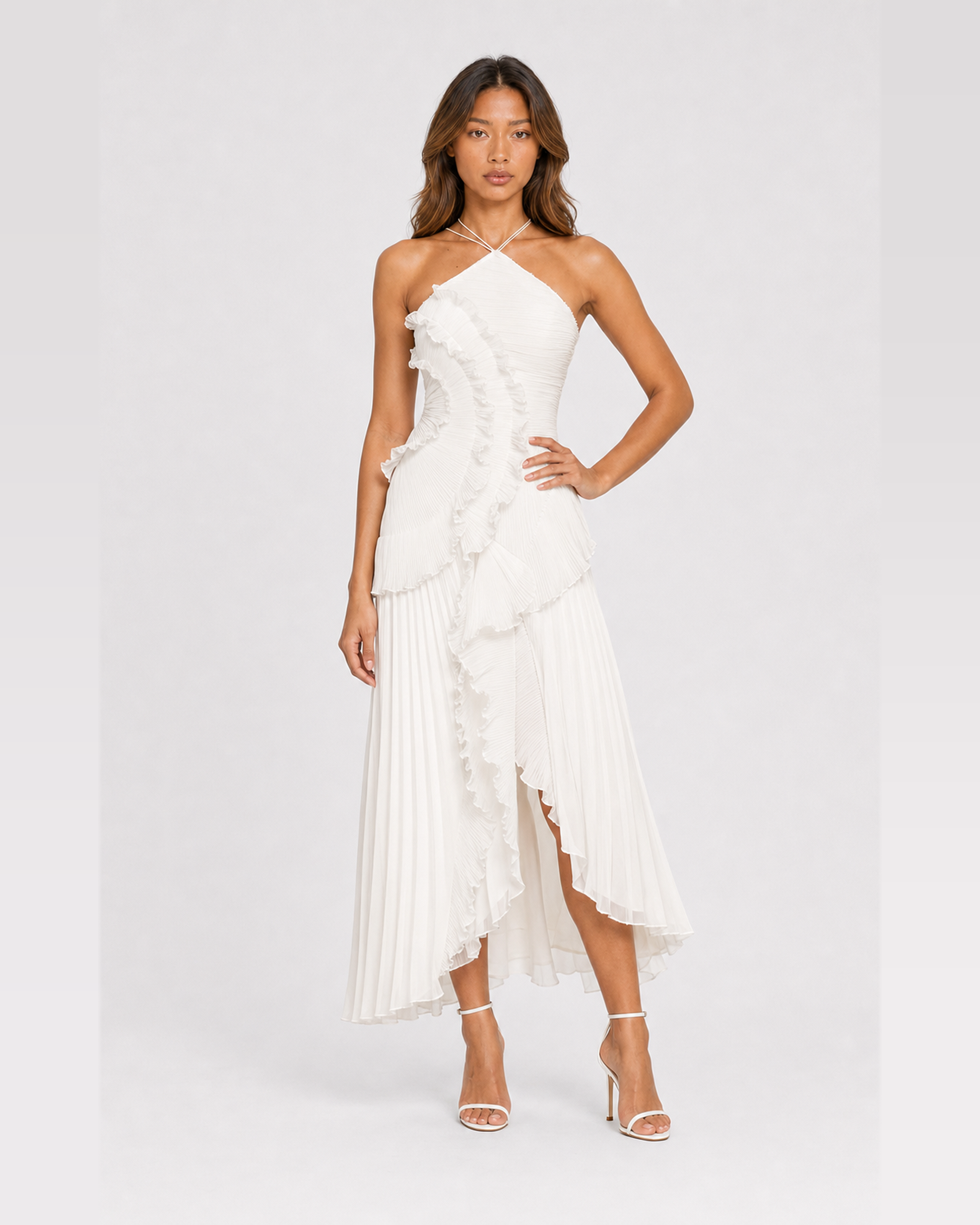 Aveline White asymmetric pleated halter ruffle maxi dress, front view
