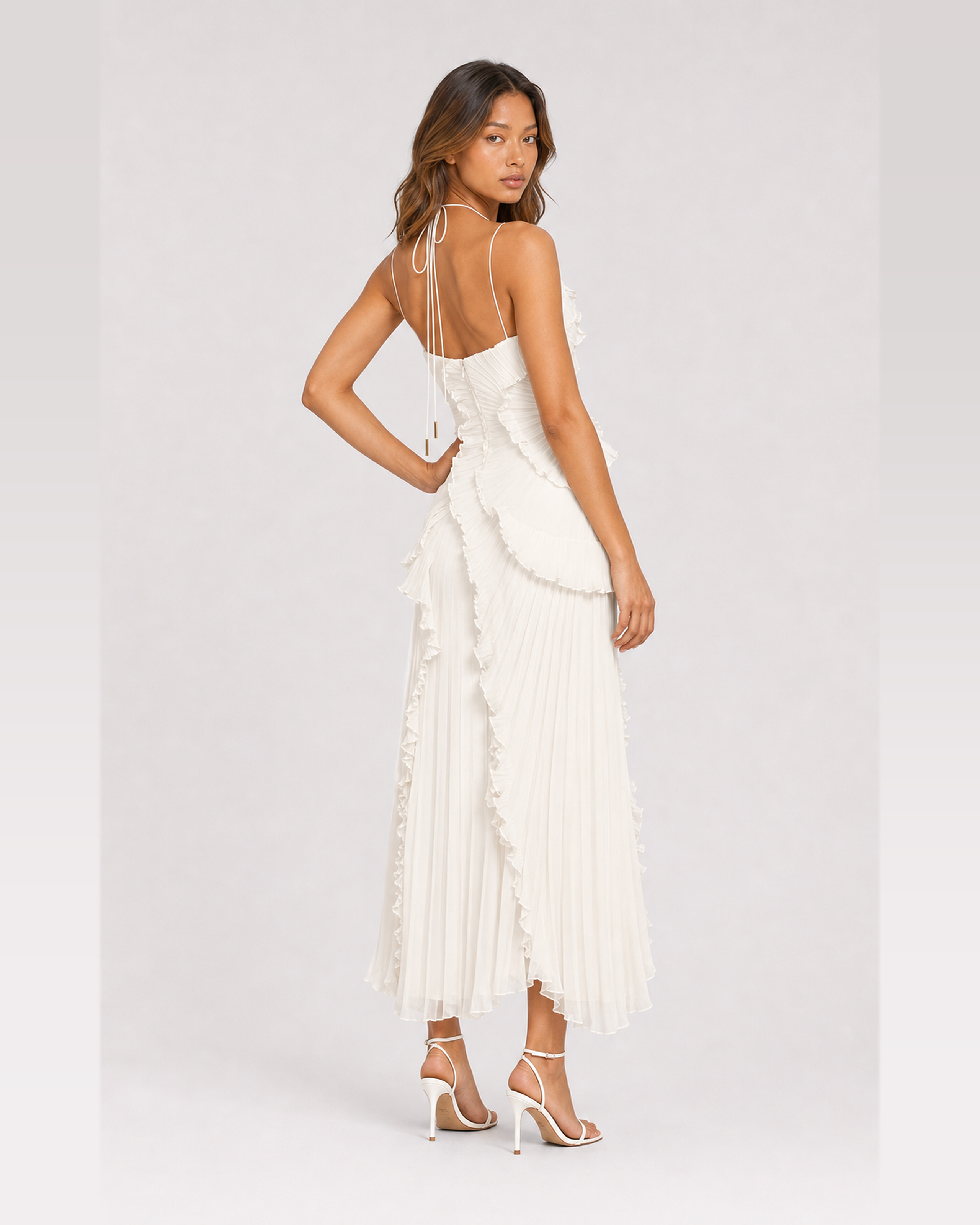 Aveline White maxi dress, back view over shoulder