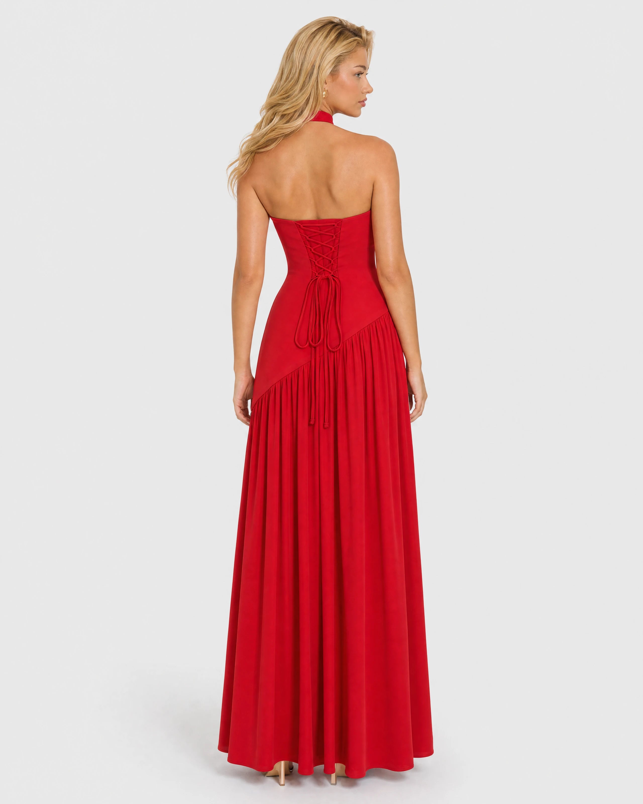 Bianca red choker-neck maxi dress - back with lace-up