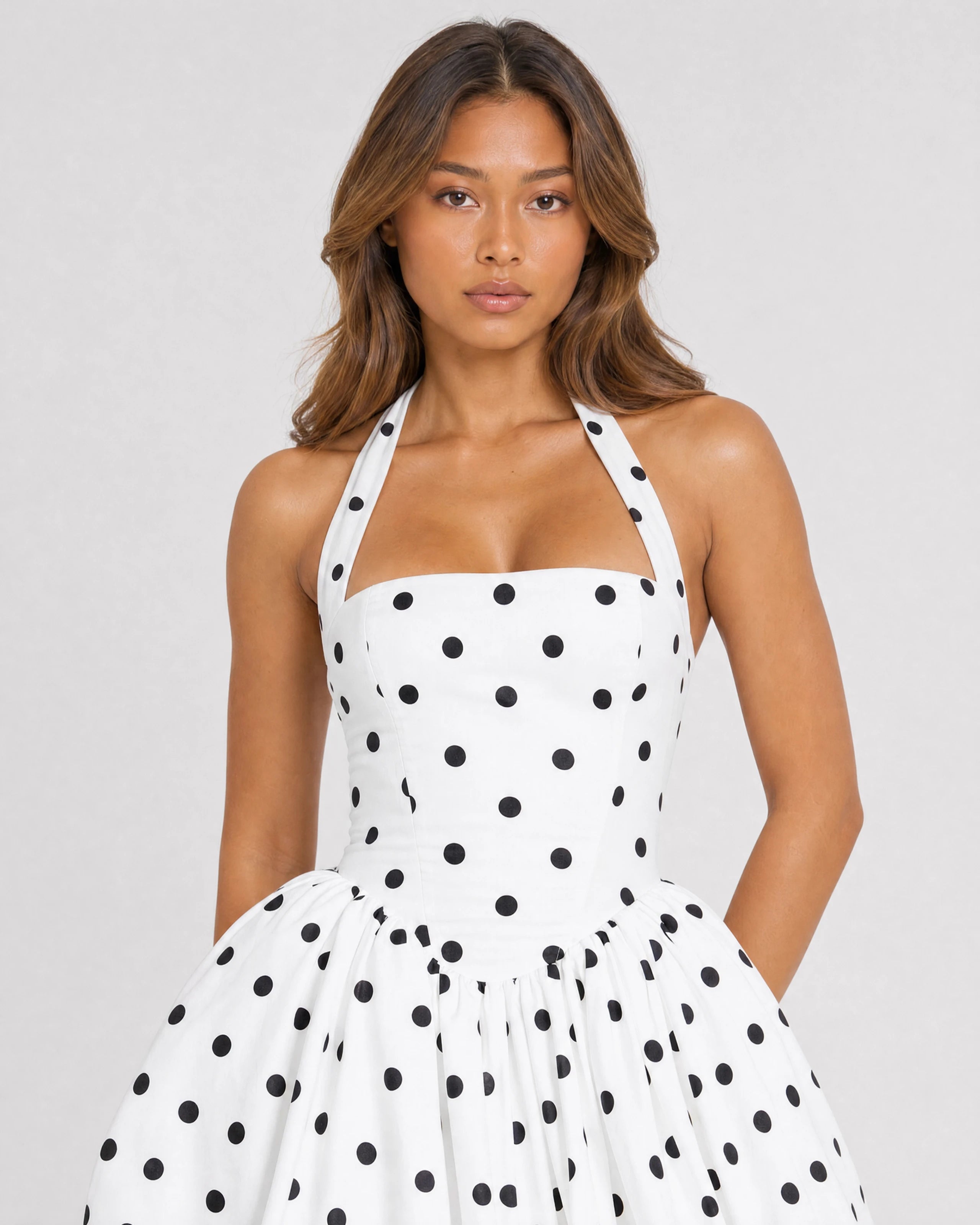 Bonnie polka dot halterneck mini dress with puffball skirt - waist-up close-up