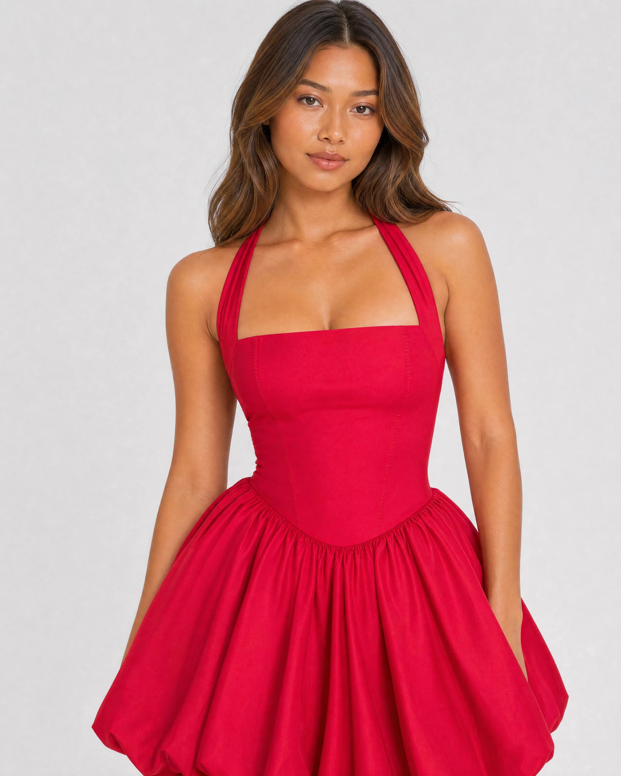 Bonnie red halterneck mini dress with puffball skirt - waist-up close-up