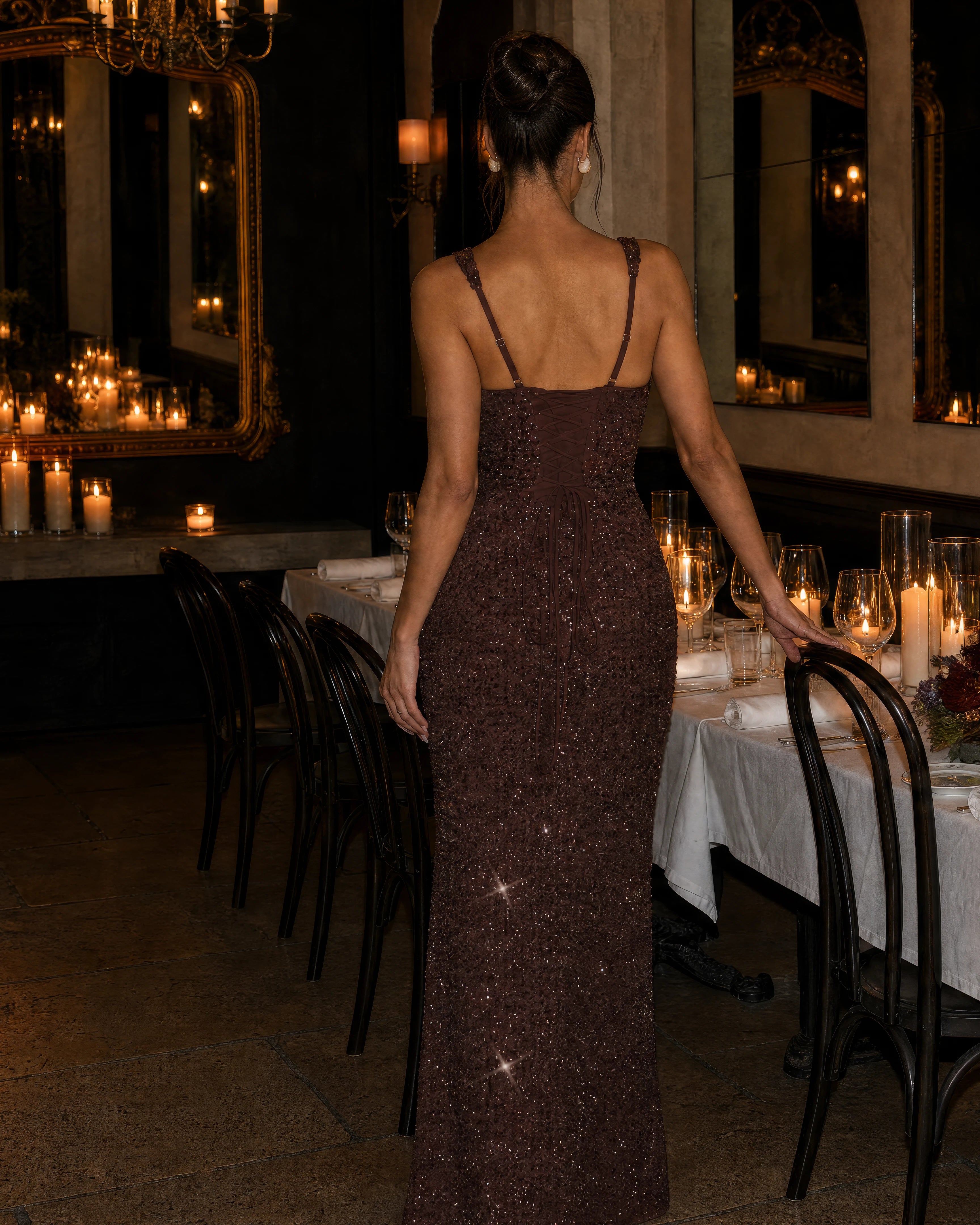 Estelle plum brown sequin column maxi dress - lifestyle 5