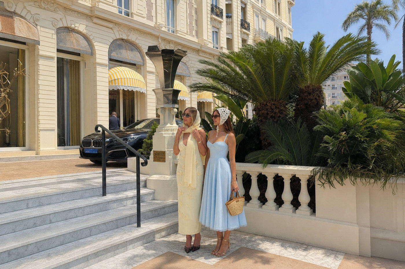 Two women on the steps of a Riviera hotel, one in the Mirabelle baby blue tulle midi dress β wide hero