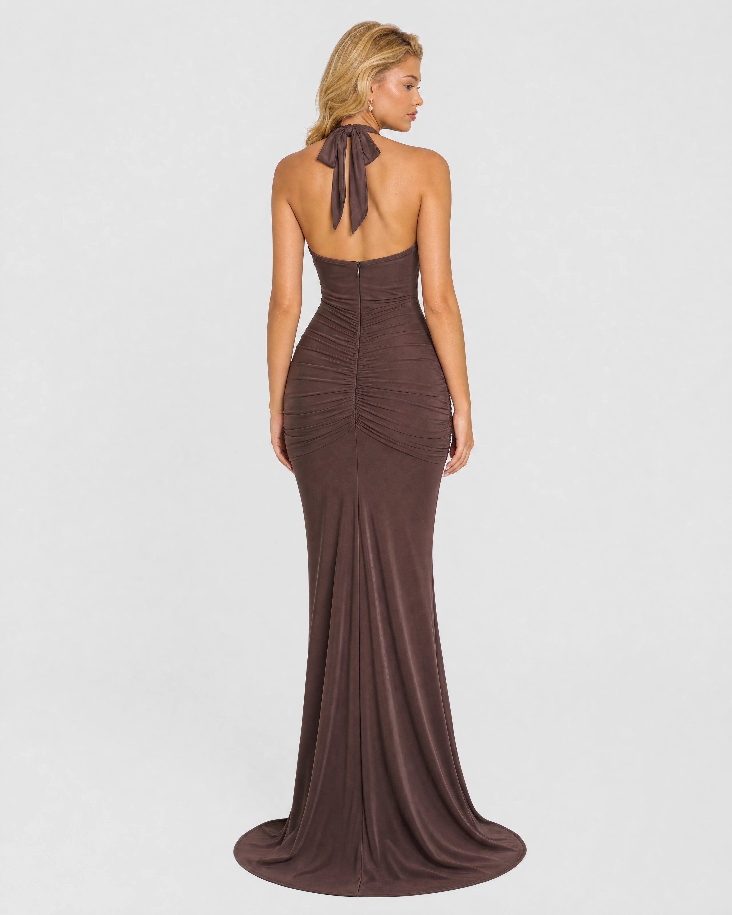 Liliane chocolate brown plunge halter maxi dress - back with halter bow