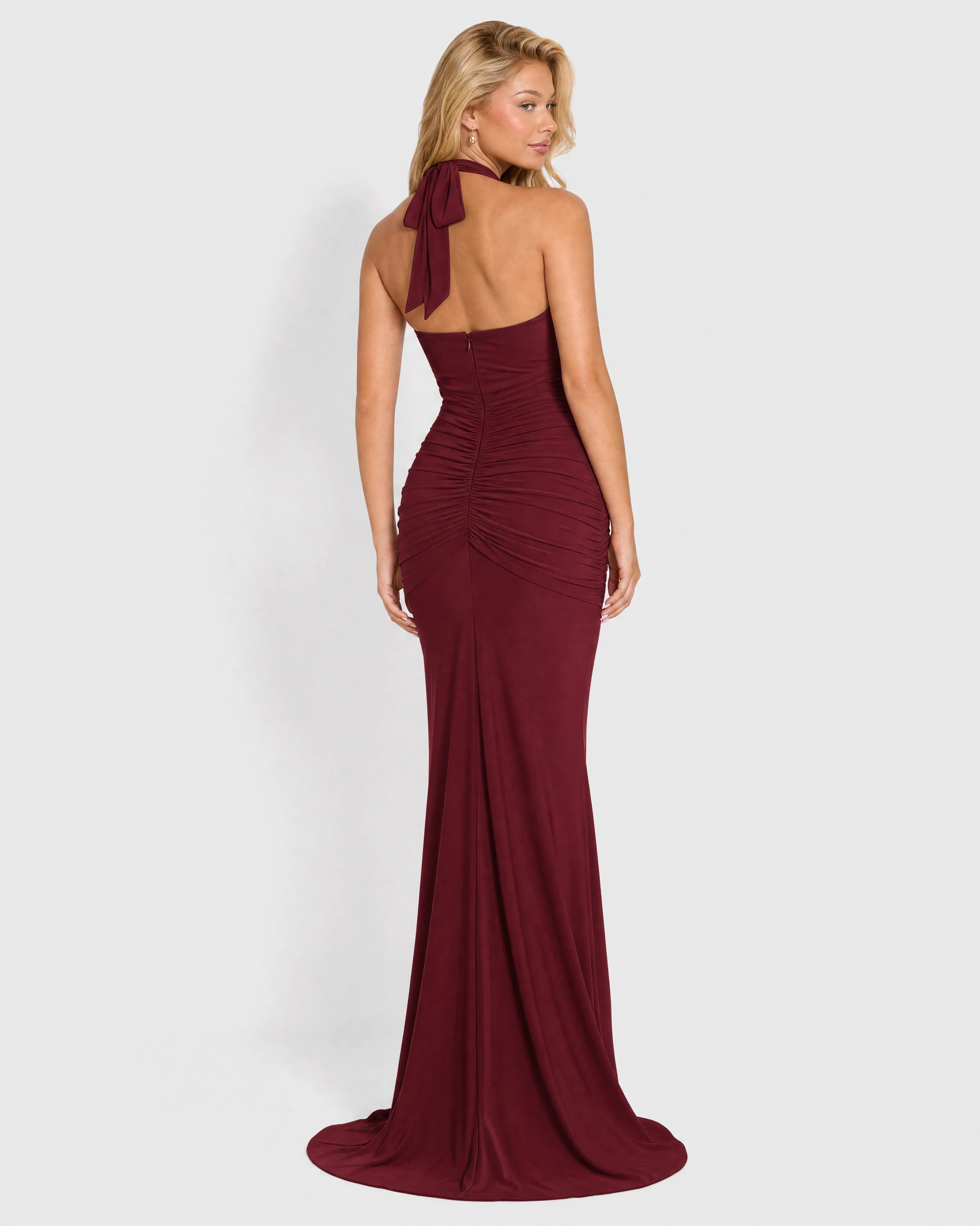 Liliane burgundy plunge halter maxi dress - back with halter bow