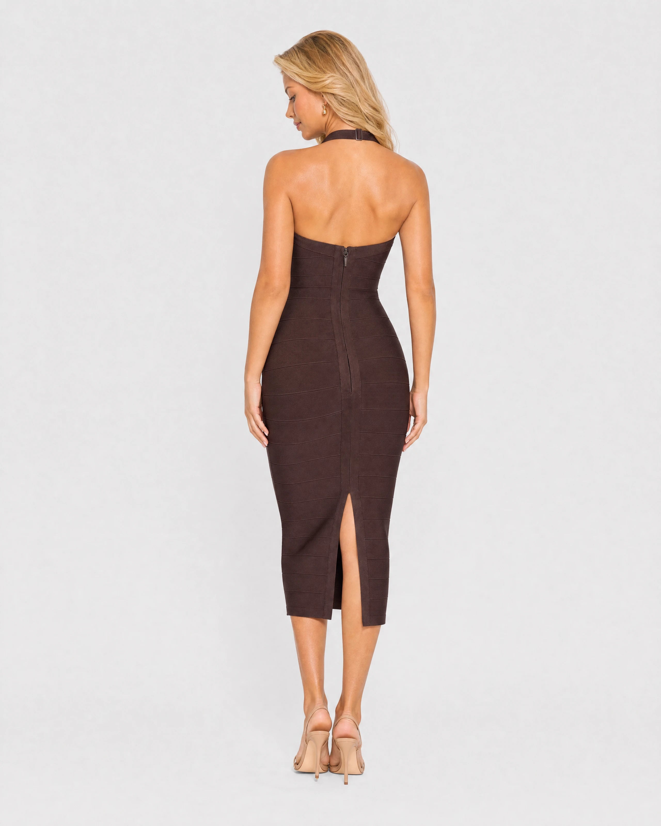 Margaux chocolate brown bandage midi dress - back with zip