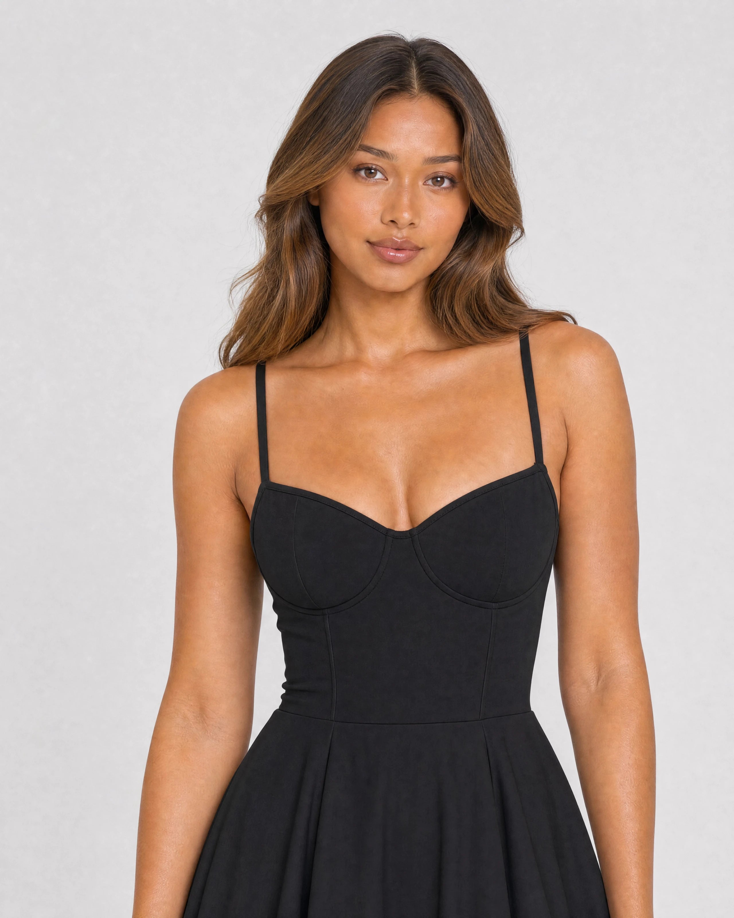 Mirabelle sweetheart tulle midi dress in black, bodice close-up