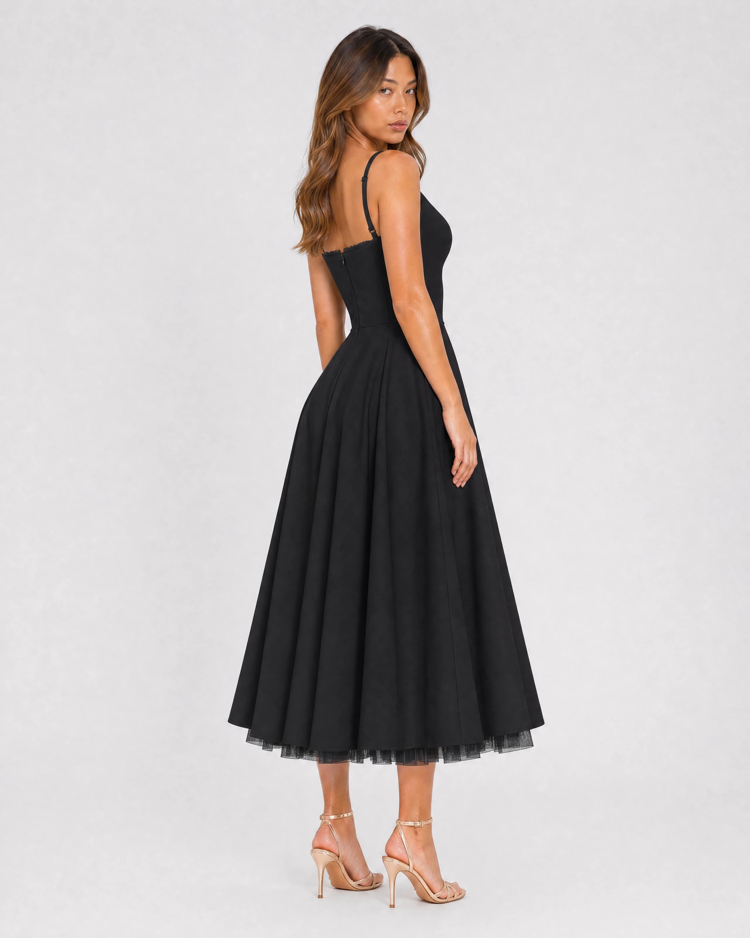 Mirabelle sweetheart tulle midi dress in black, three-quarter back