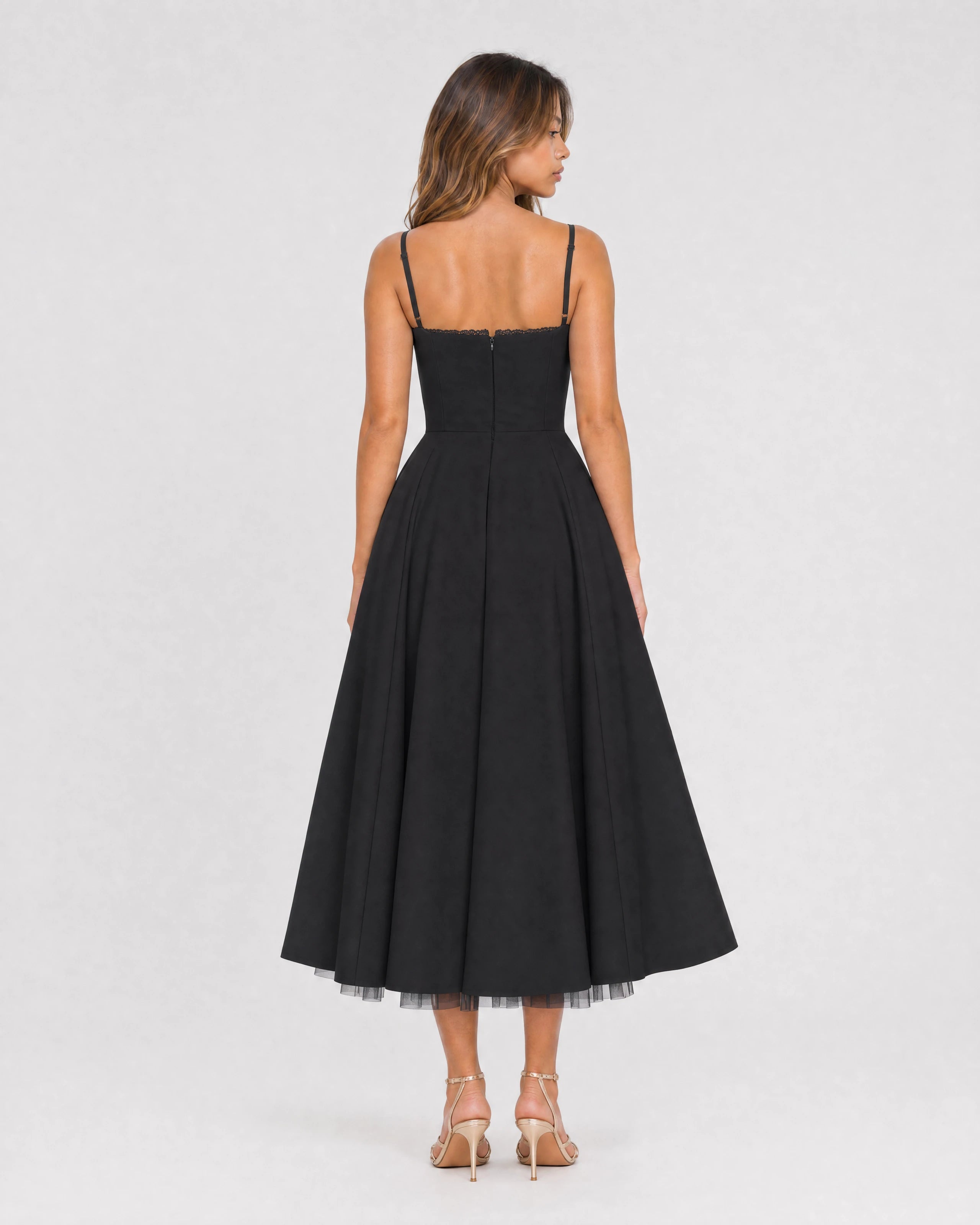 Mirabelle sweetheart tulle midi dress in black, back view