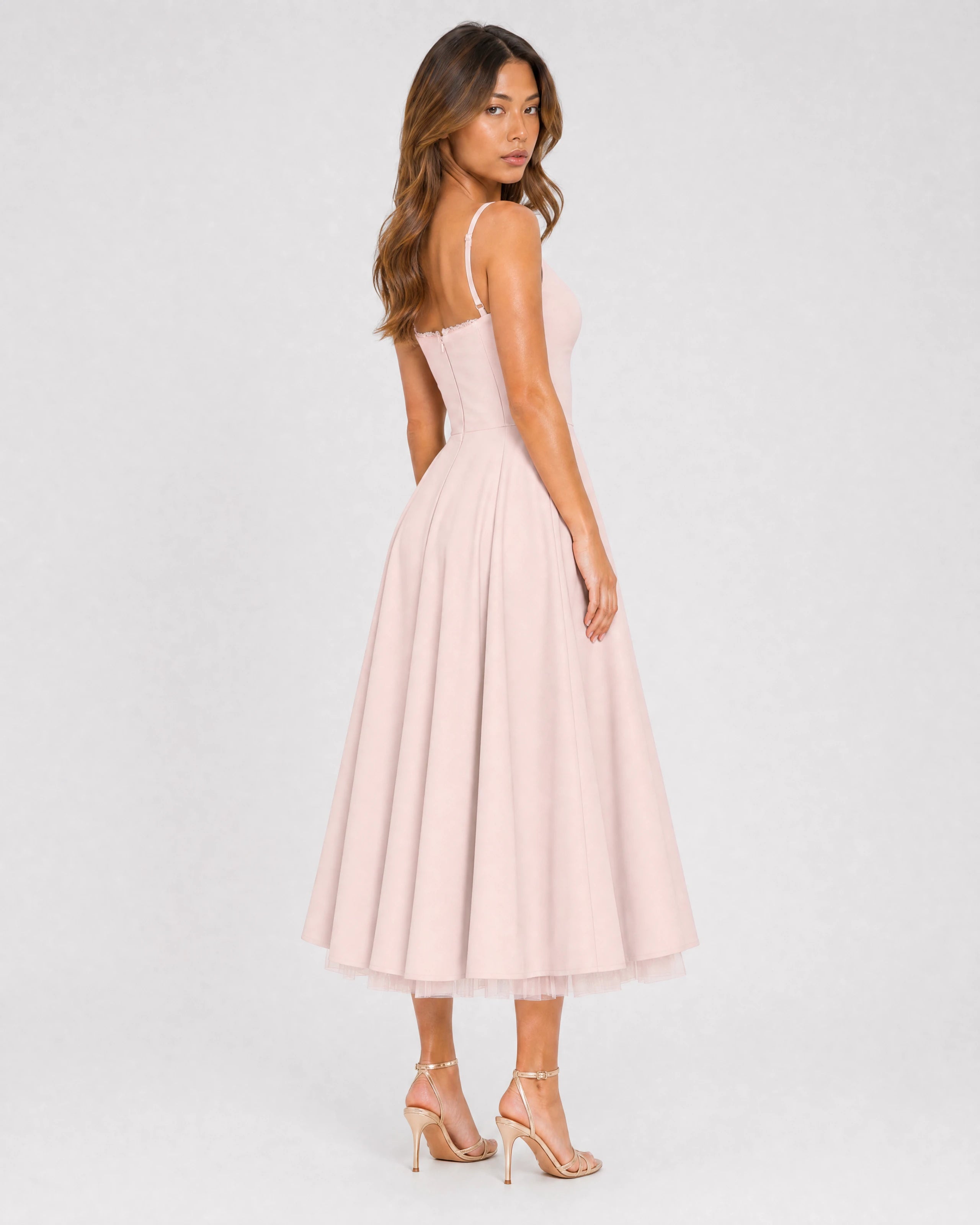 Mirabelle sweetheart tulle midi dress in blush pink, three-quarter back