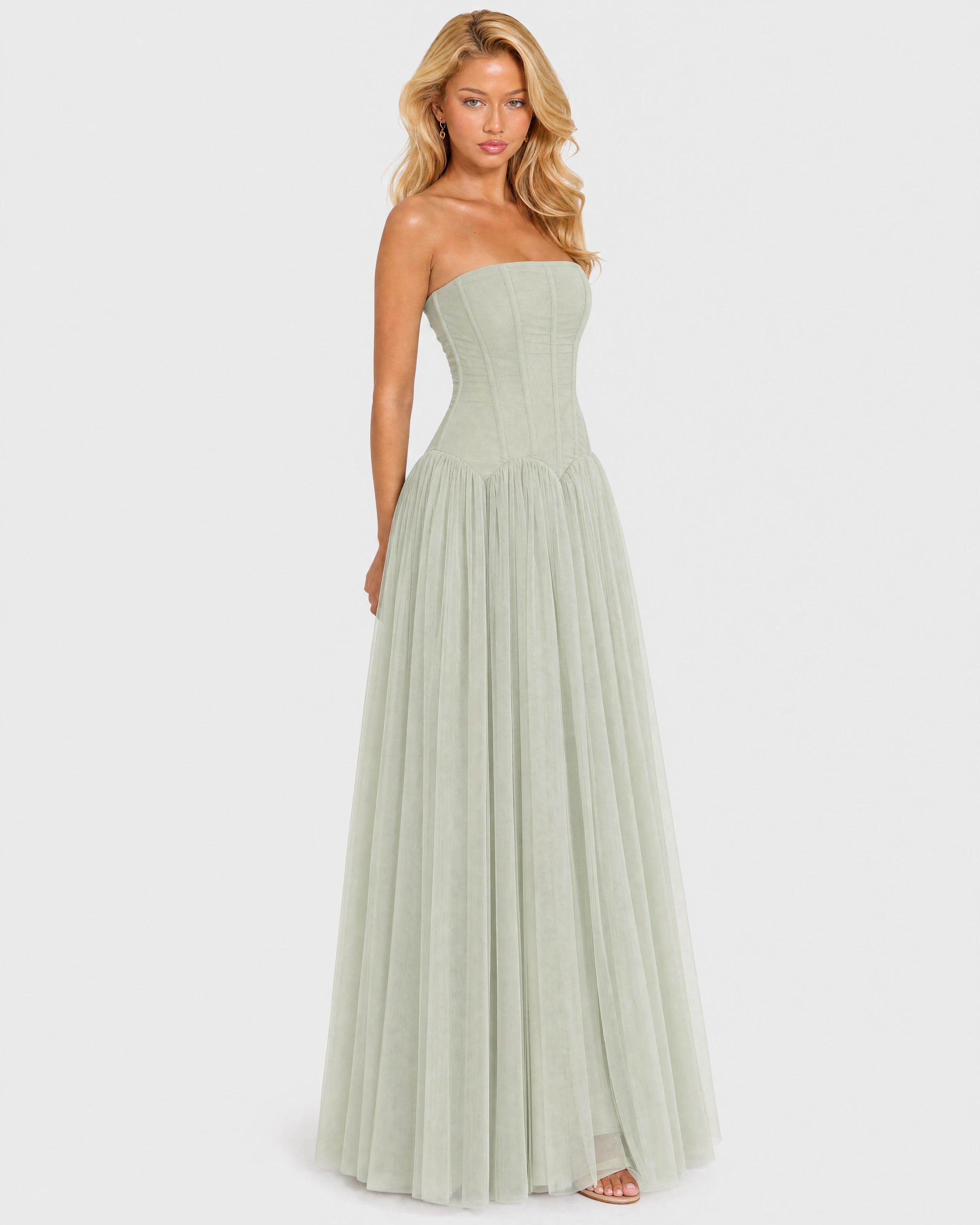 Odelie sage green tulle maxi gown - side view