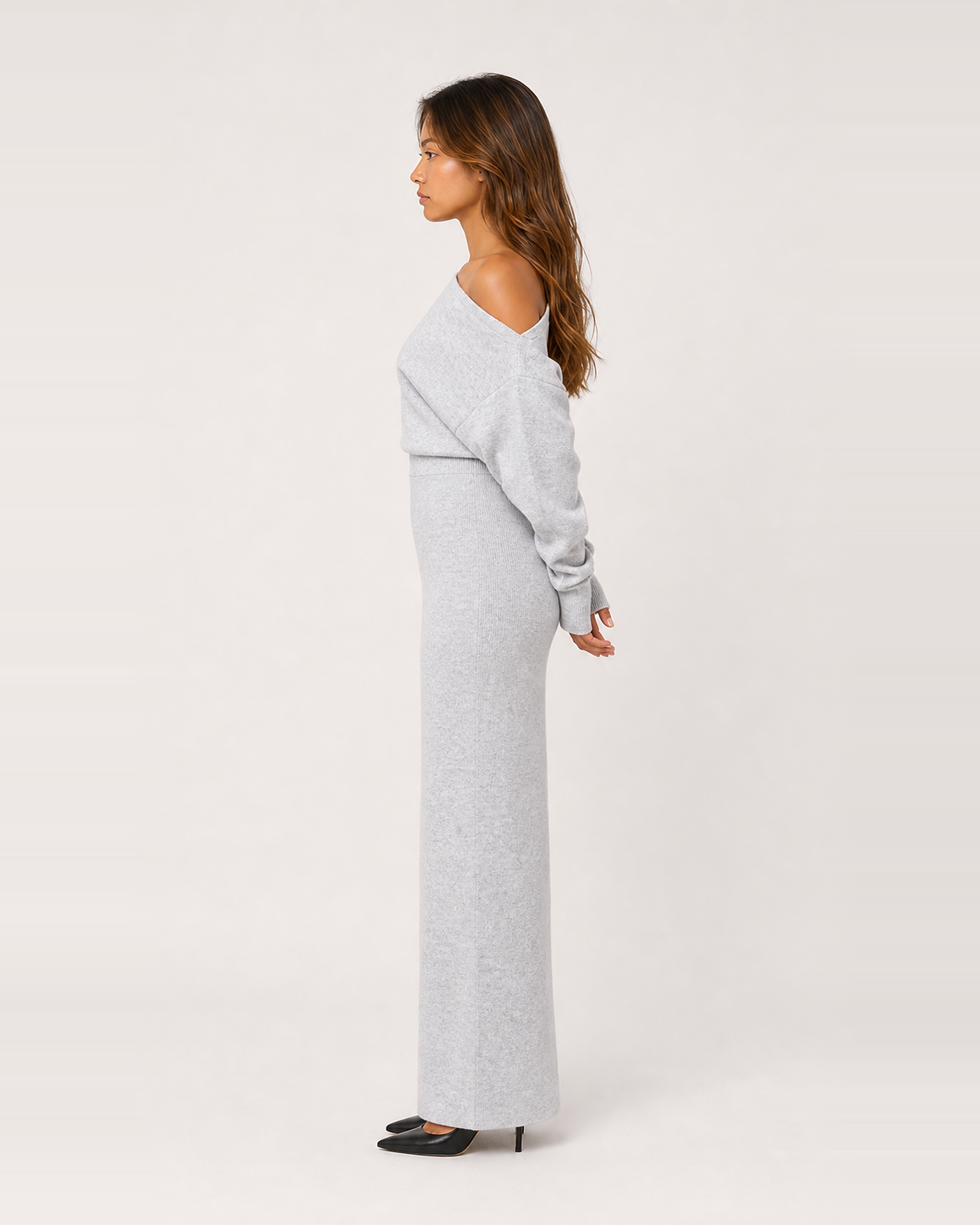 Odette Grey knit maxi dress, side view