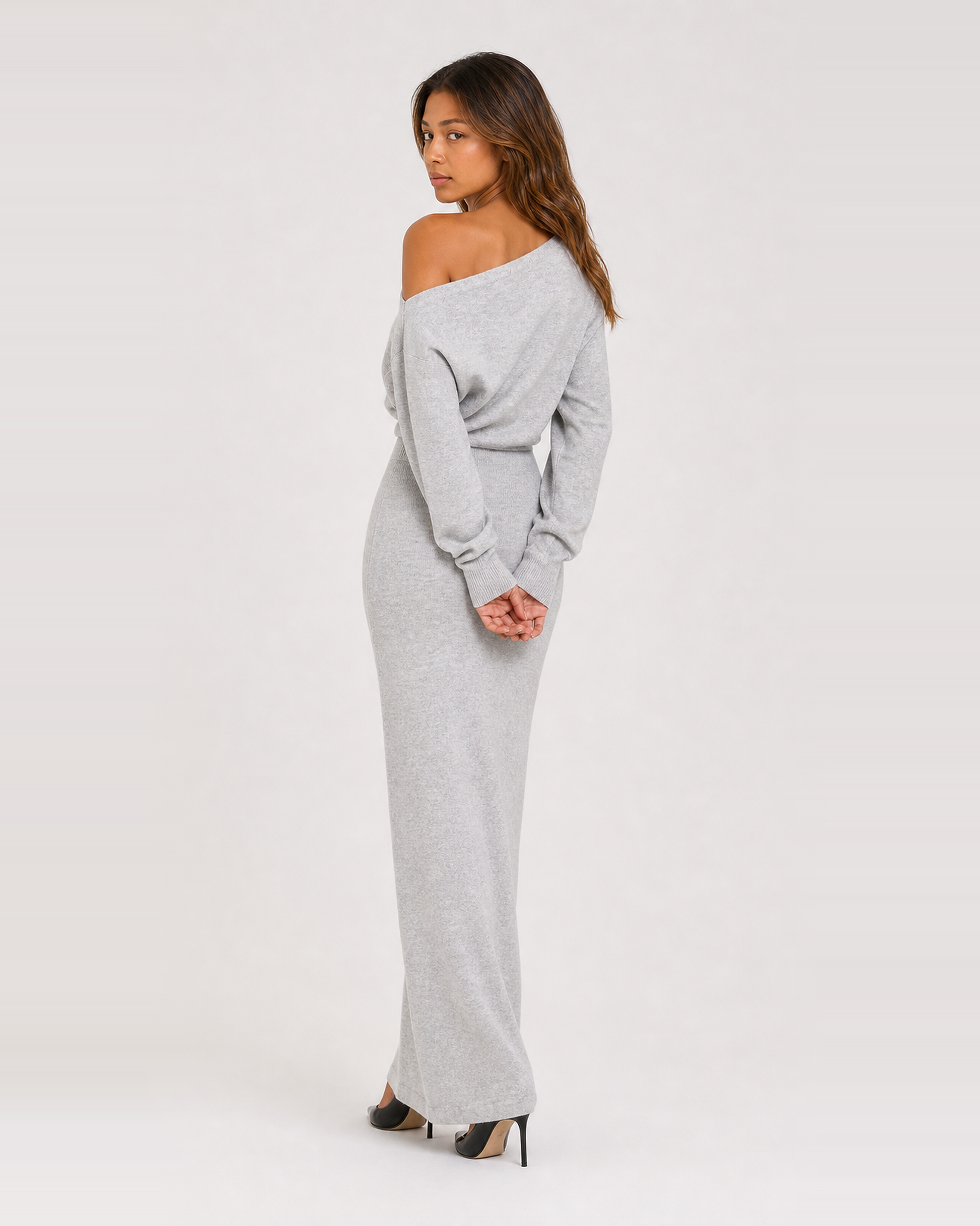 Odette Grey knit maxi dress, back view over shoulder