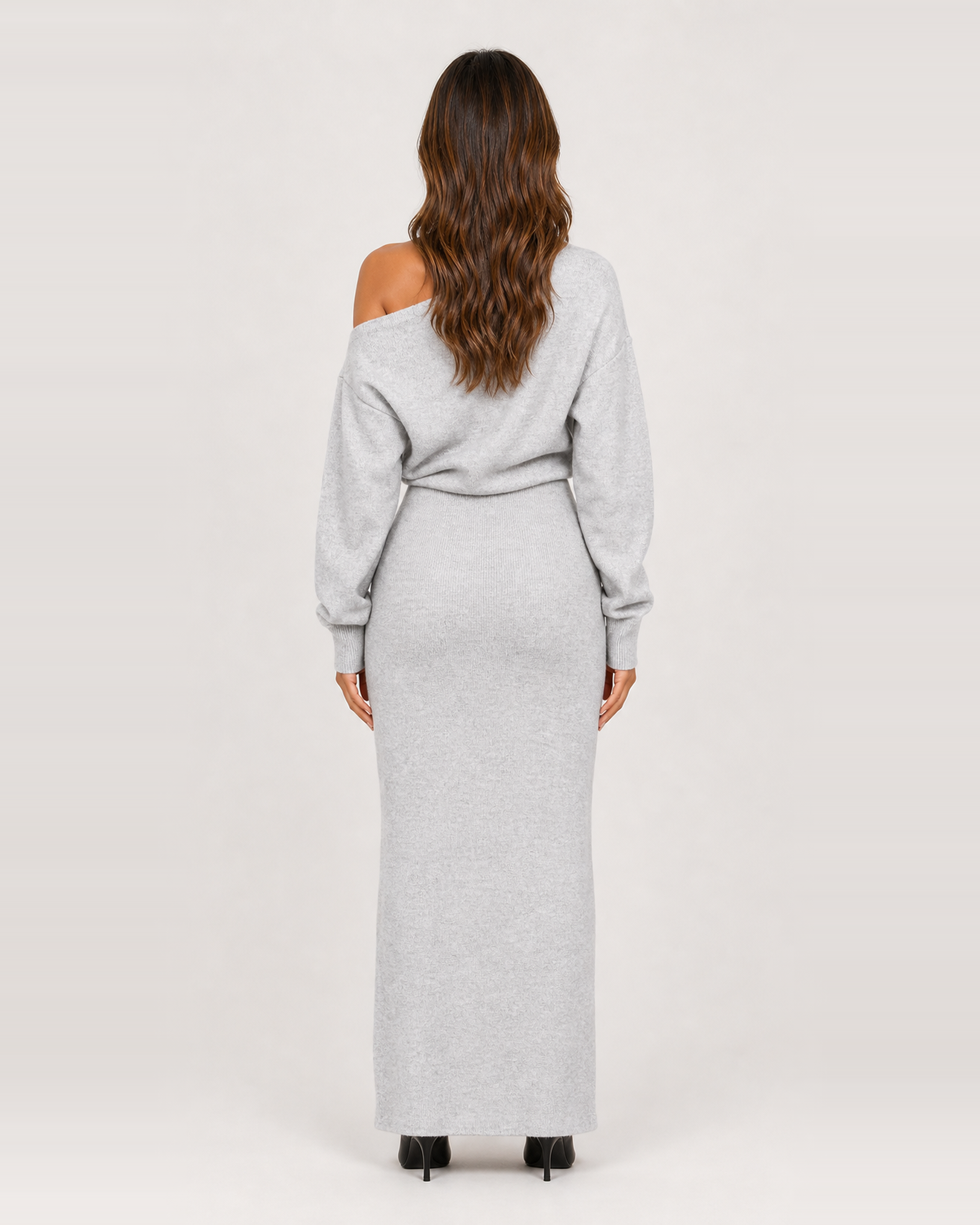 Odette Grey knit maxi dress, straight back view
