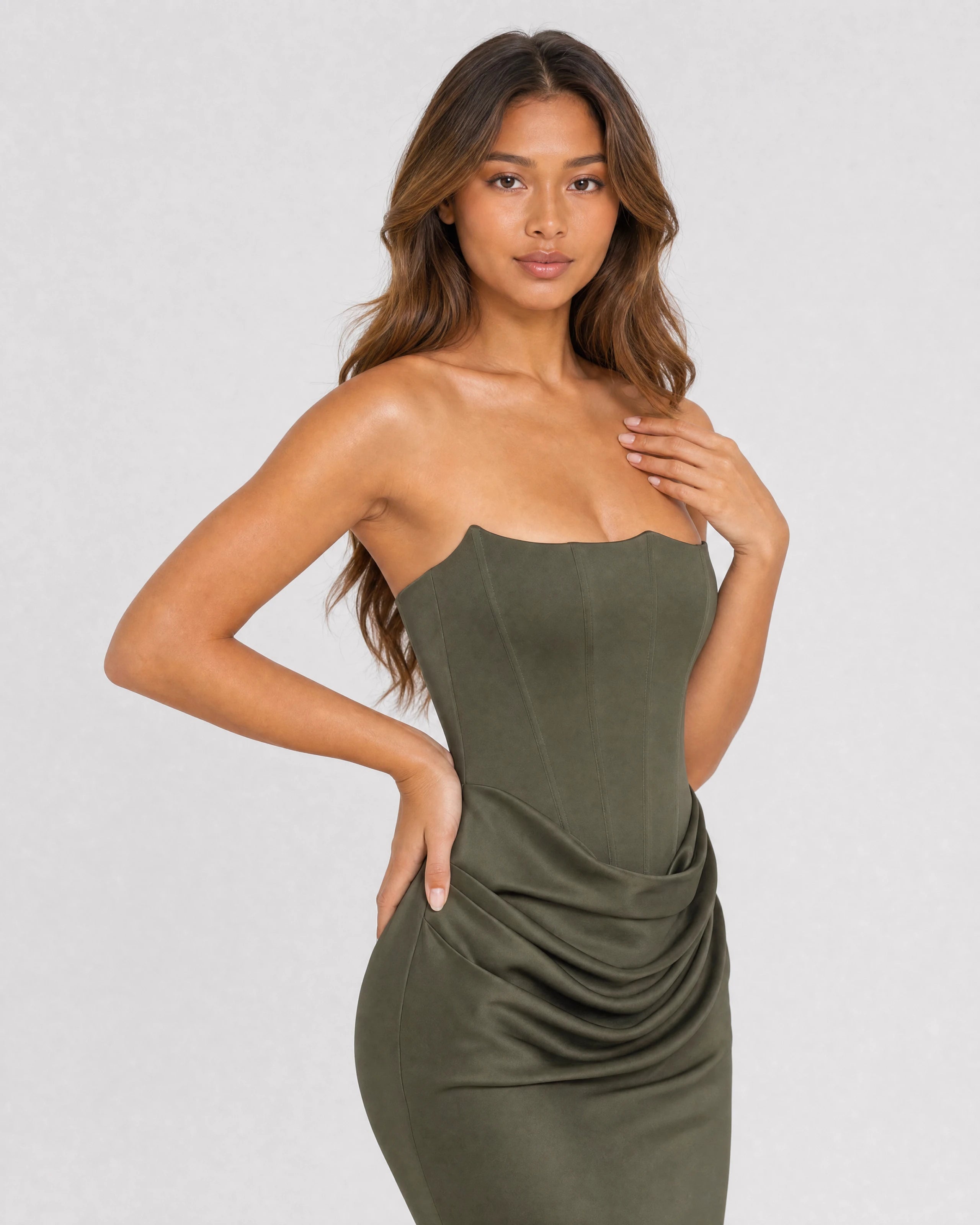 Ondine strapless satin corset maxi dress in olive green, waist-up close-up