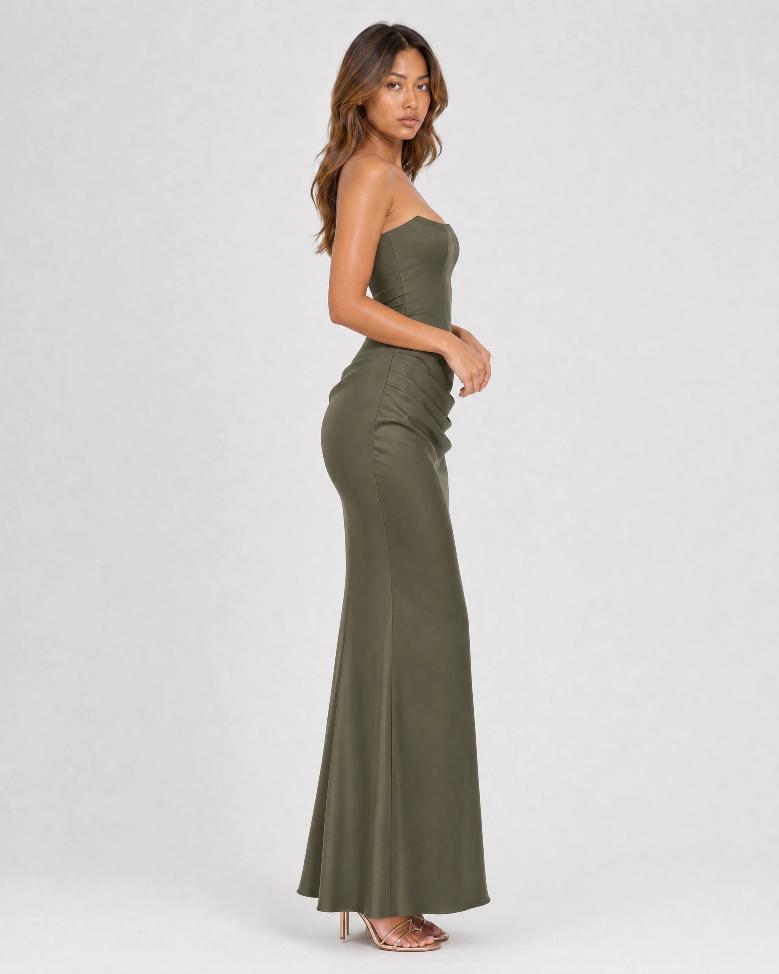 Ondine strapless satin corset maxi dress in olive green, side view