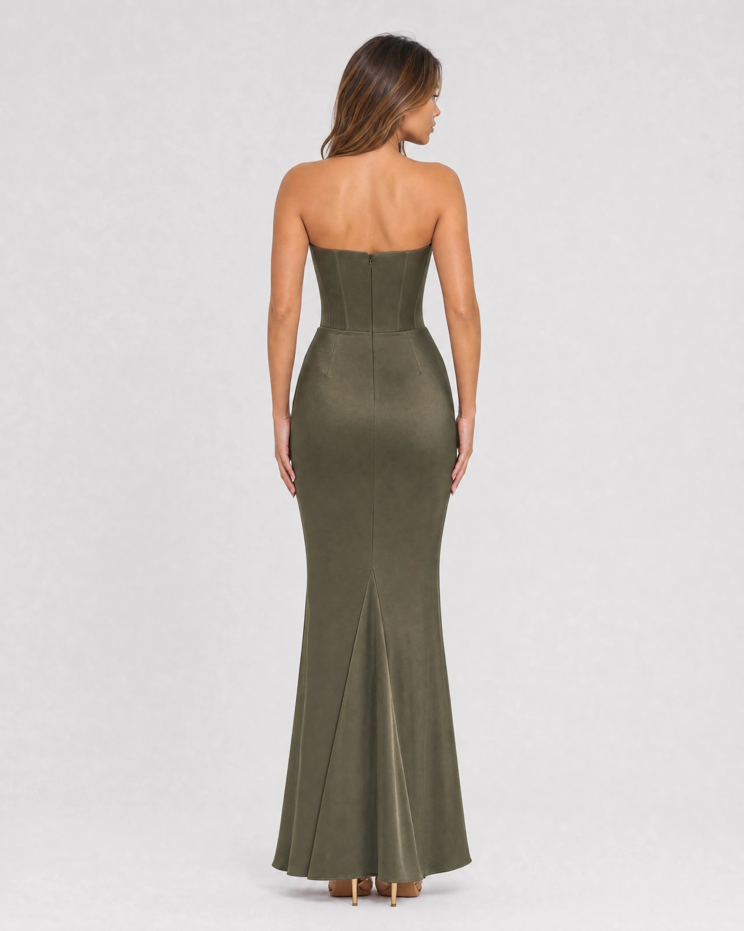 Ondine strapless satin corset maxi dress in olive green, back view