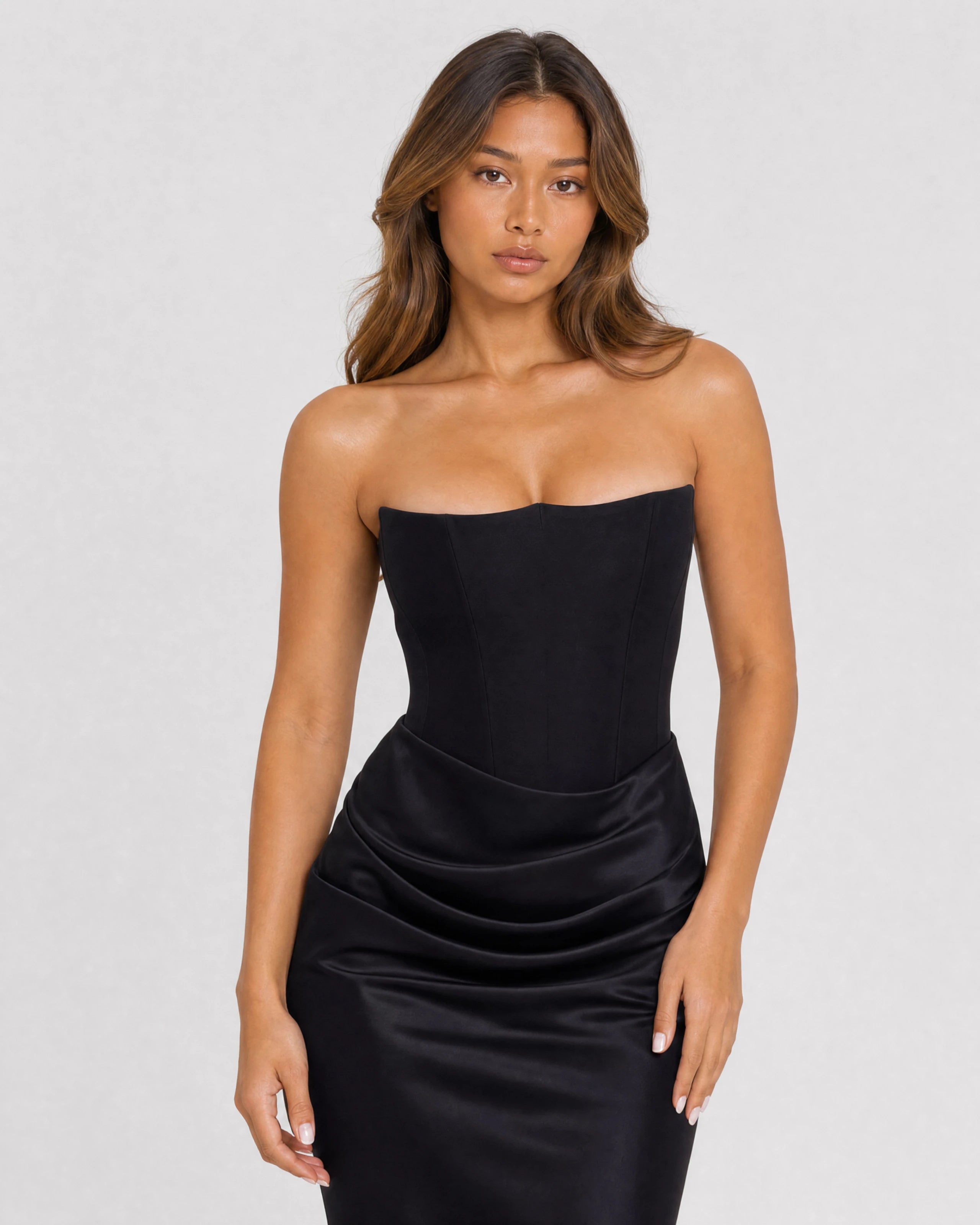 Ondine strapless satin corset maxi dress in black, waist-up close-up