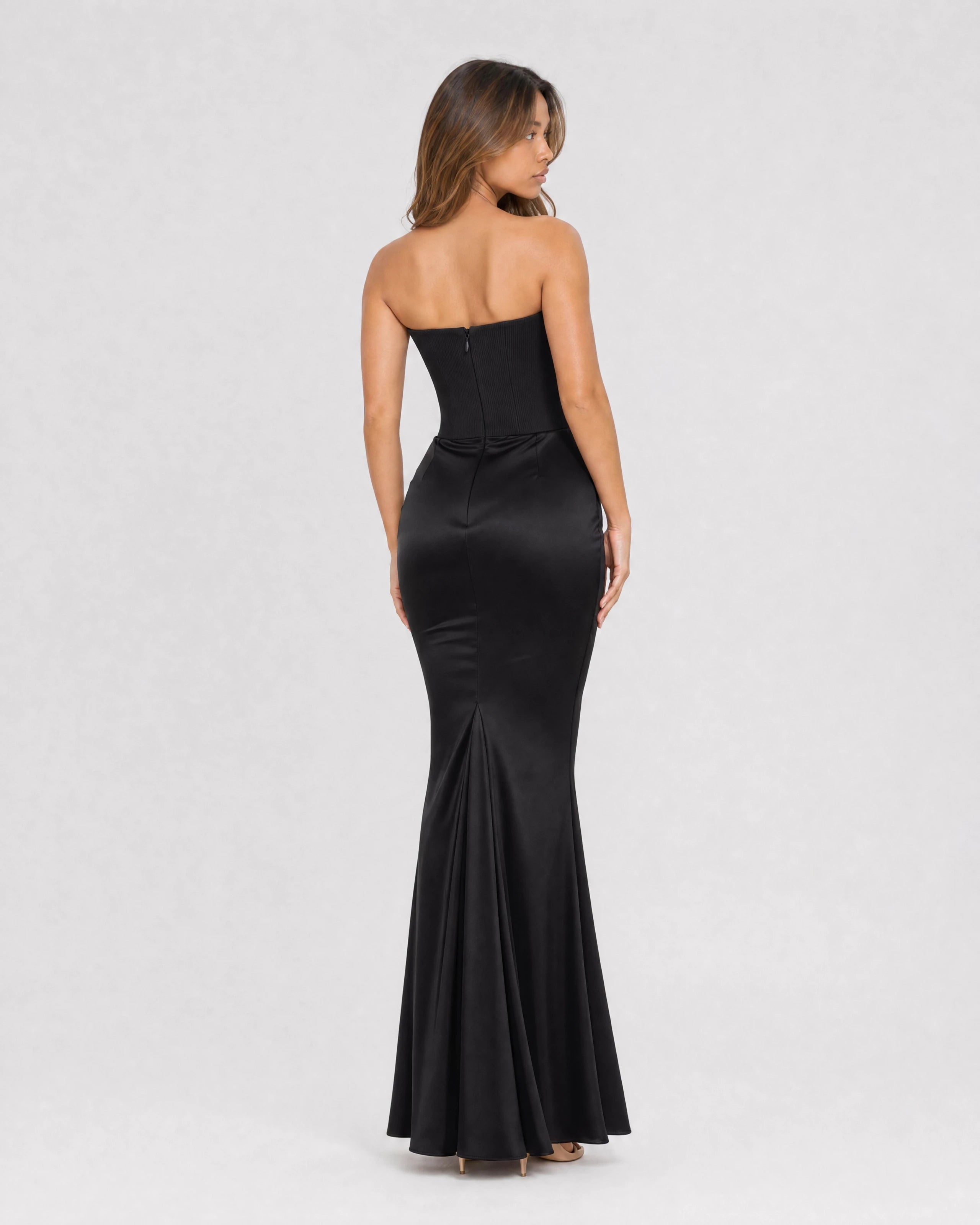 Ondine strapless satin corset maxi dress in black, back view