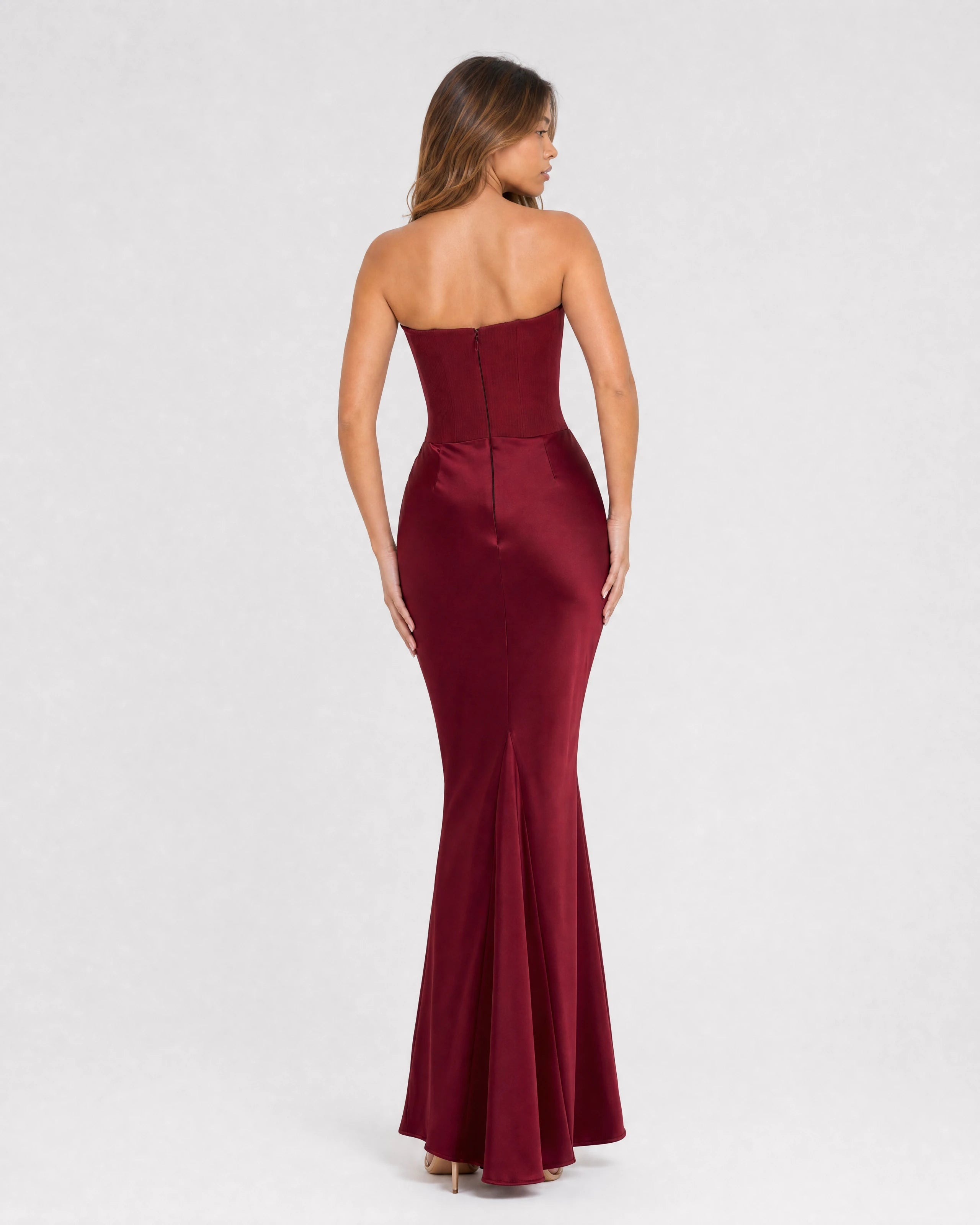 Ondine strapless satin corset maxi dress in wine red, back view