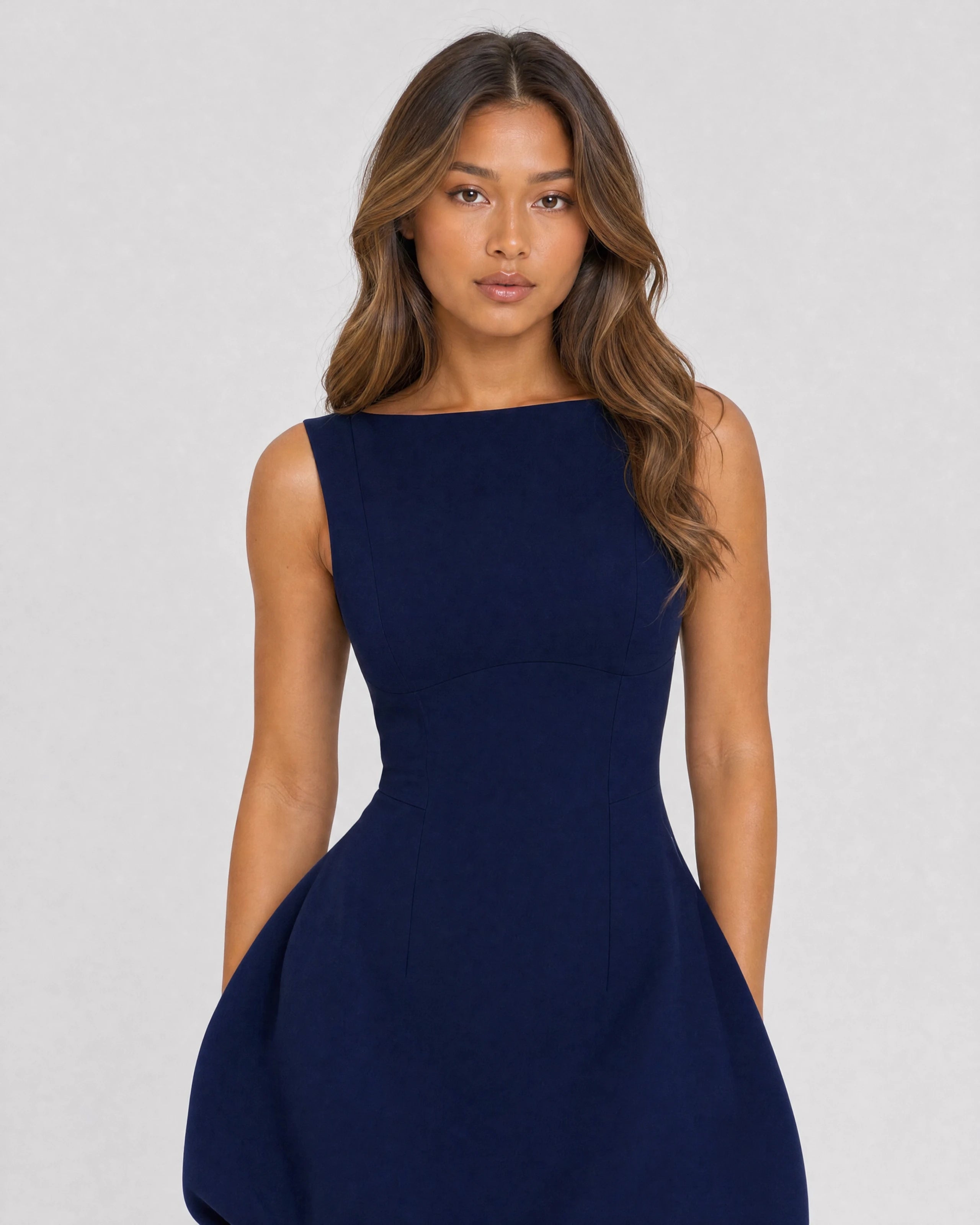Poppy navy boat neck mini dress with bubble skirt - waist-up close-up