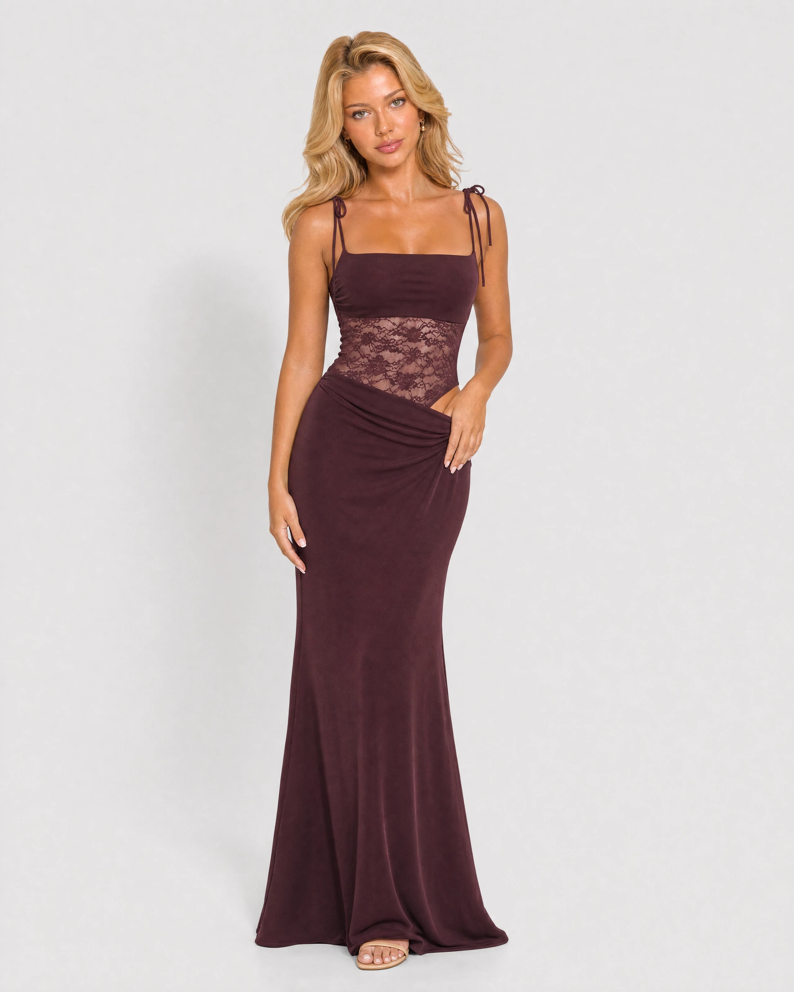 Rosalie burgundy lace-waist maxi dress - front three-quarter