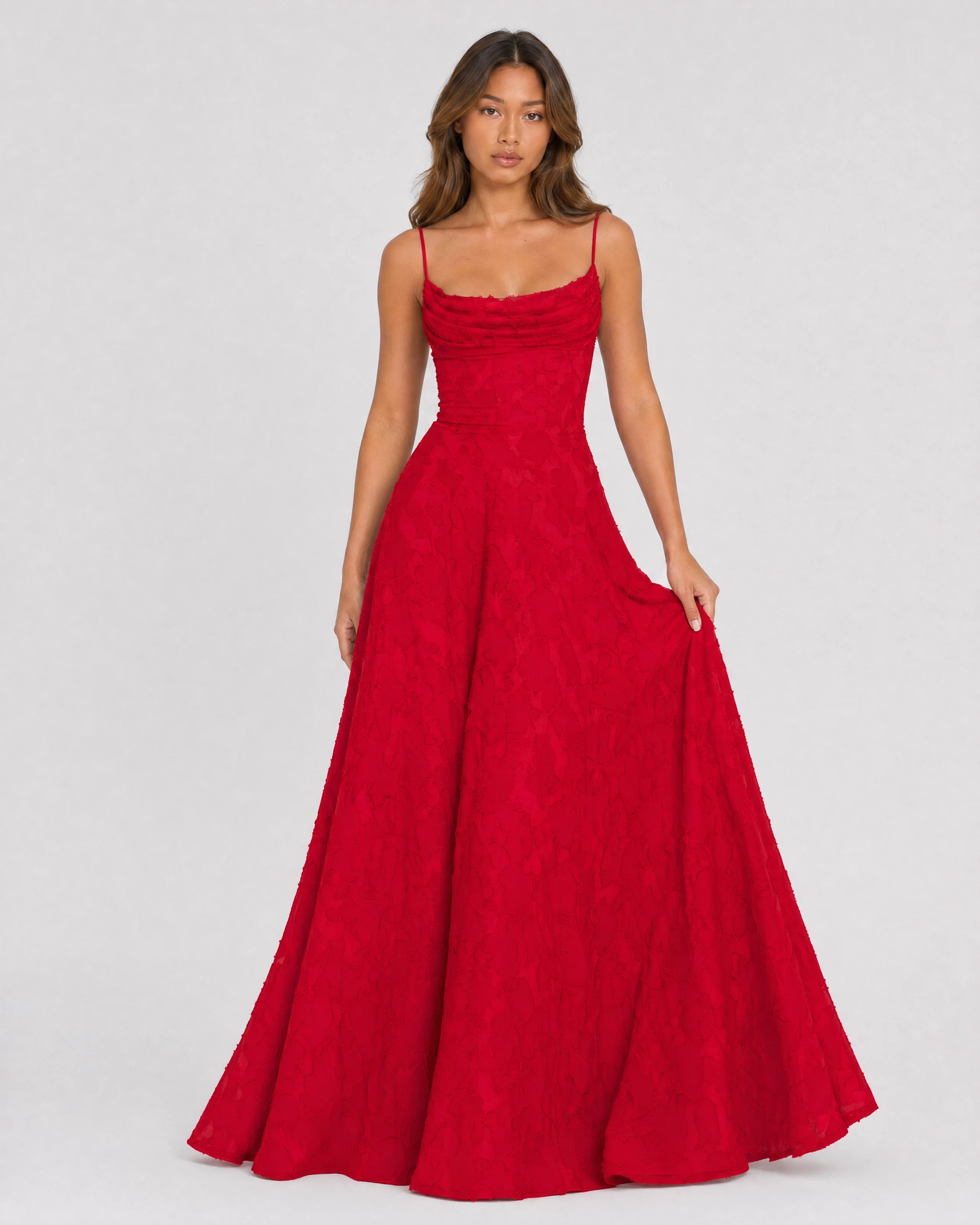 Rosewyn red floral burnout maxi gown - front view alternate pose