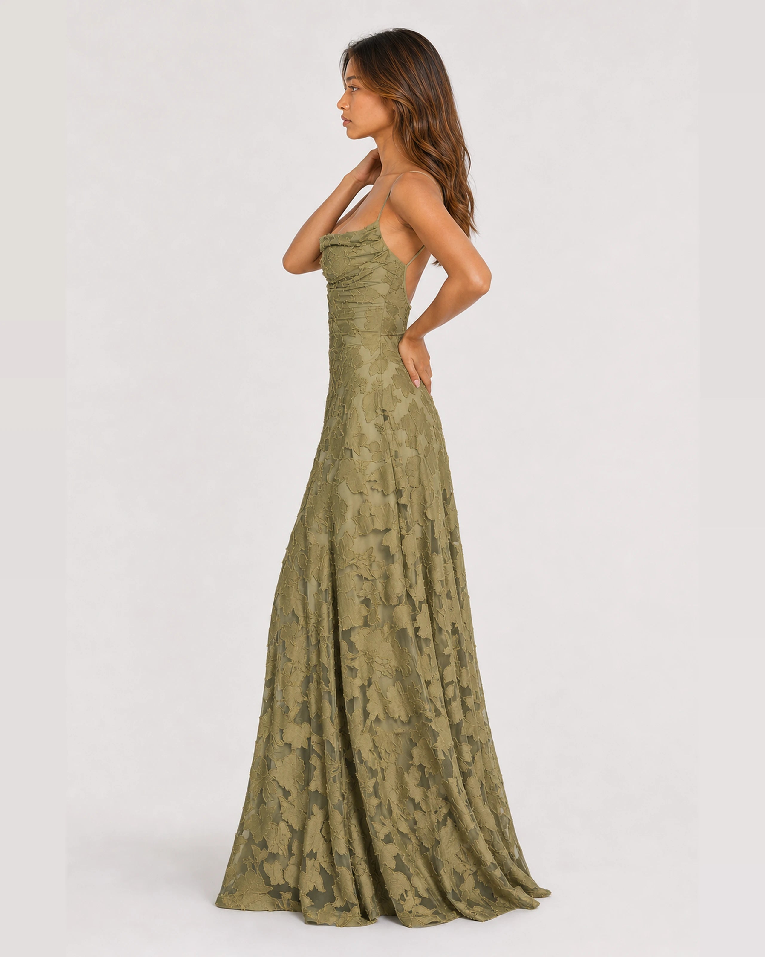 Rosewyn sage green floral burnout maxi gown - side view