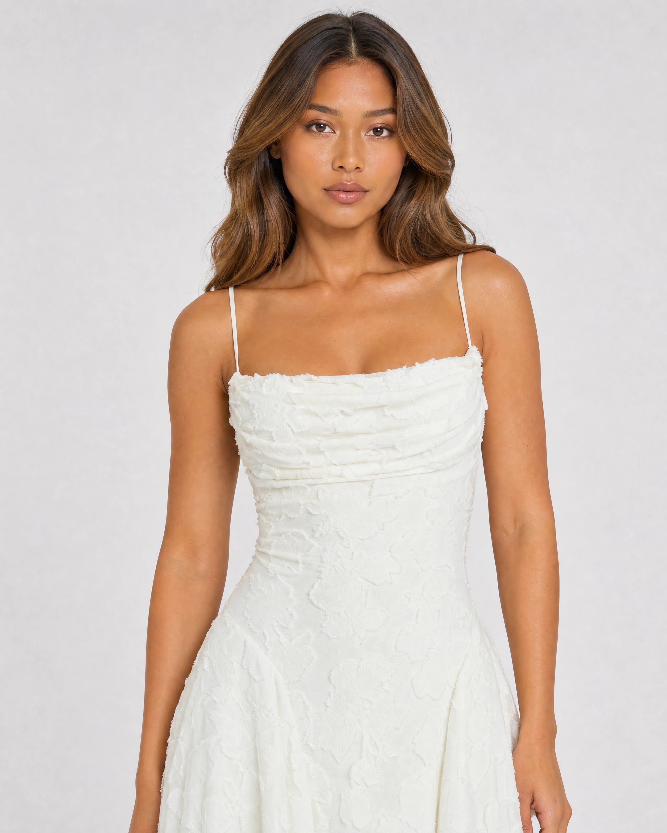 Rosewyn white floral burnout maxi gown - waist-up close-up