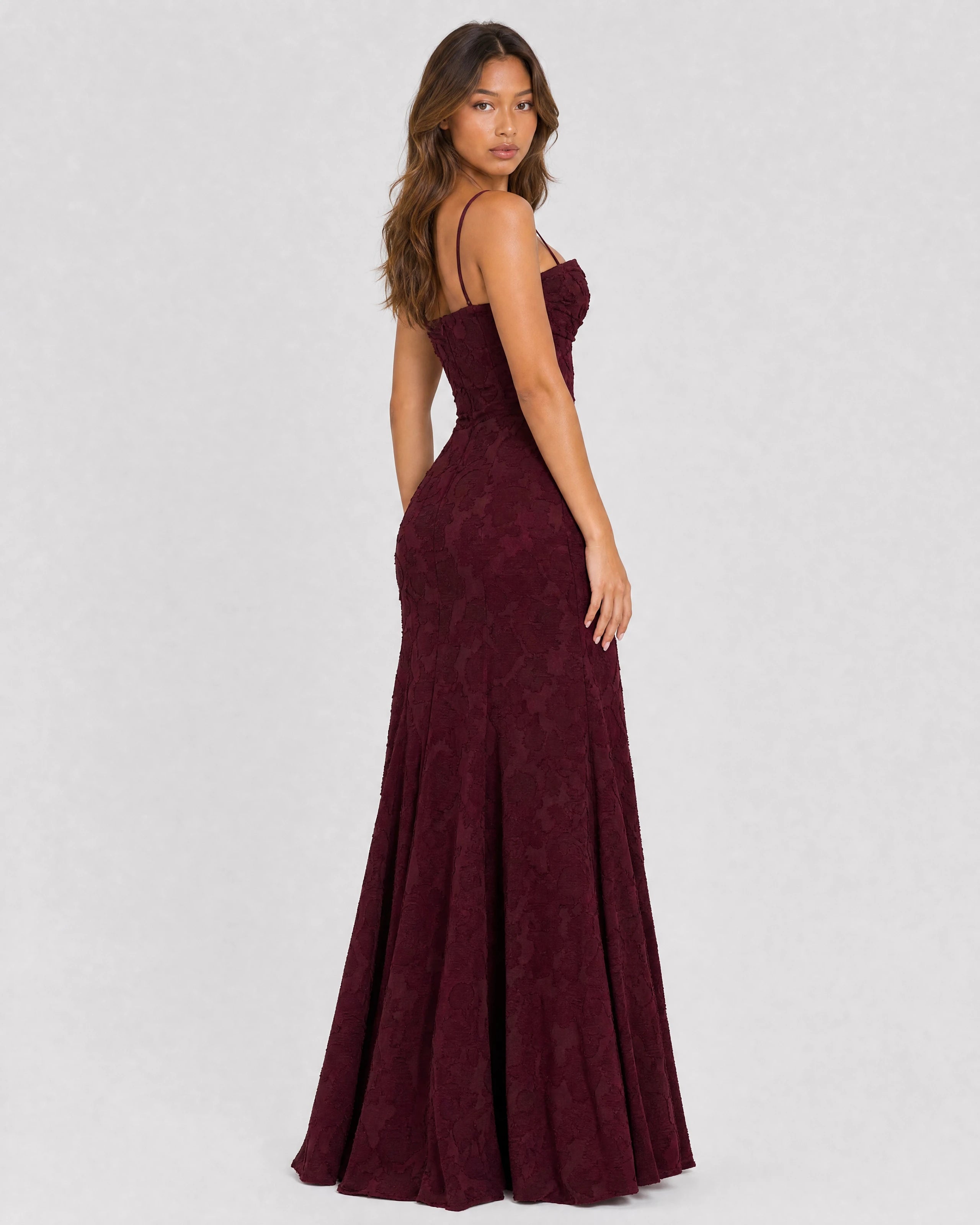 Rosewyn wine red floral burnout maxi gown - front view