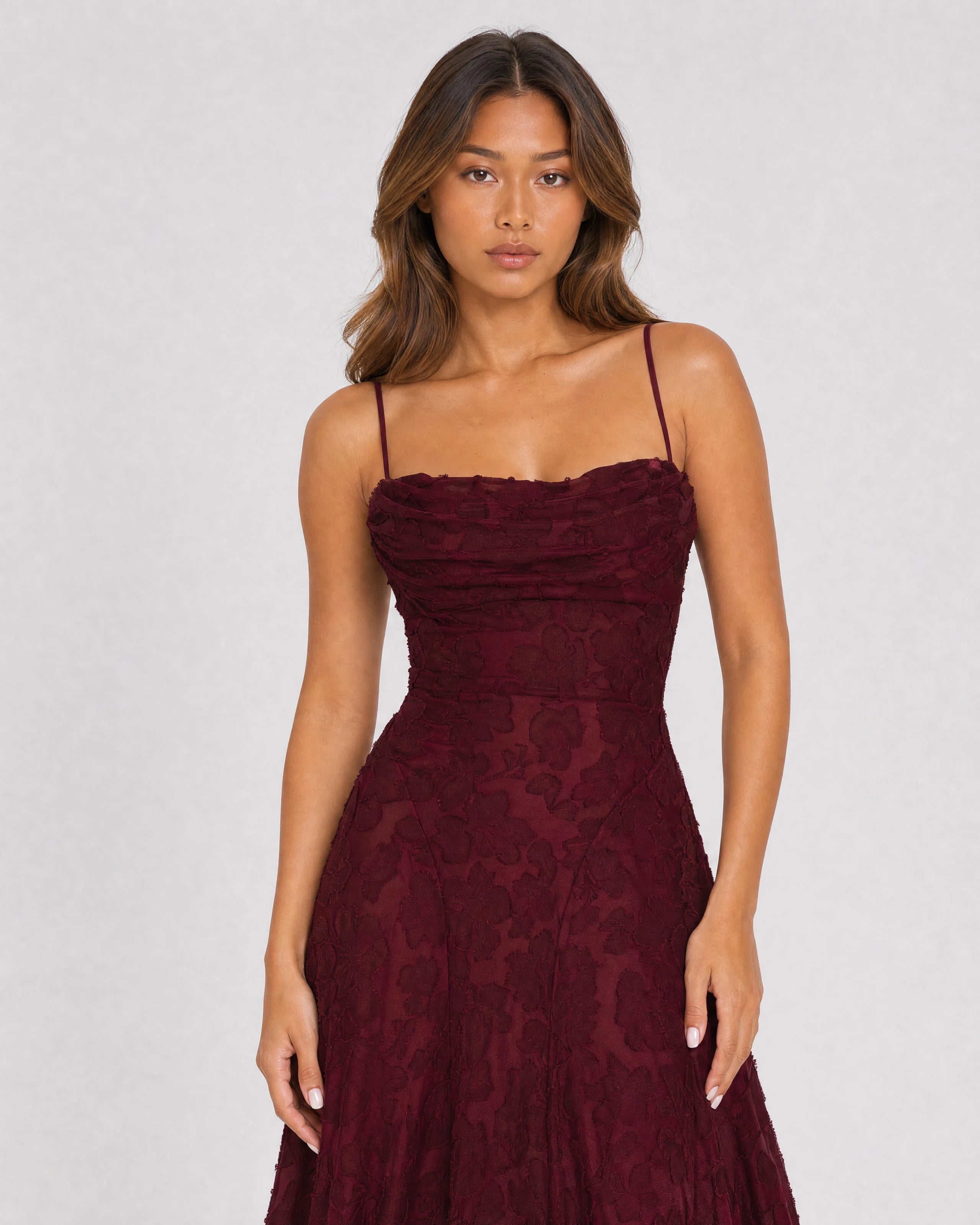 Rosewyn wine red floral burnout maxi gown - waist-up close-up