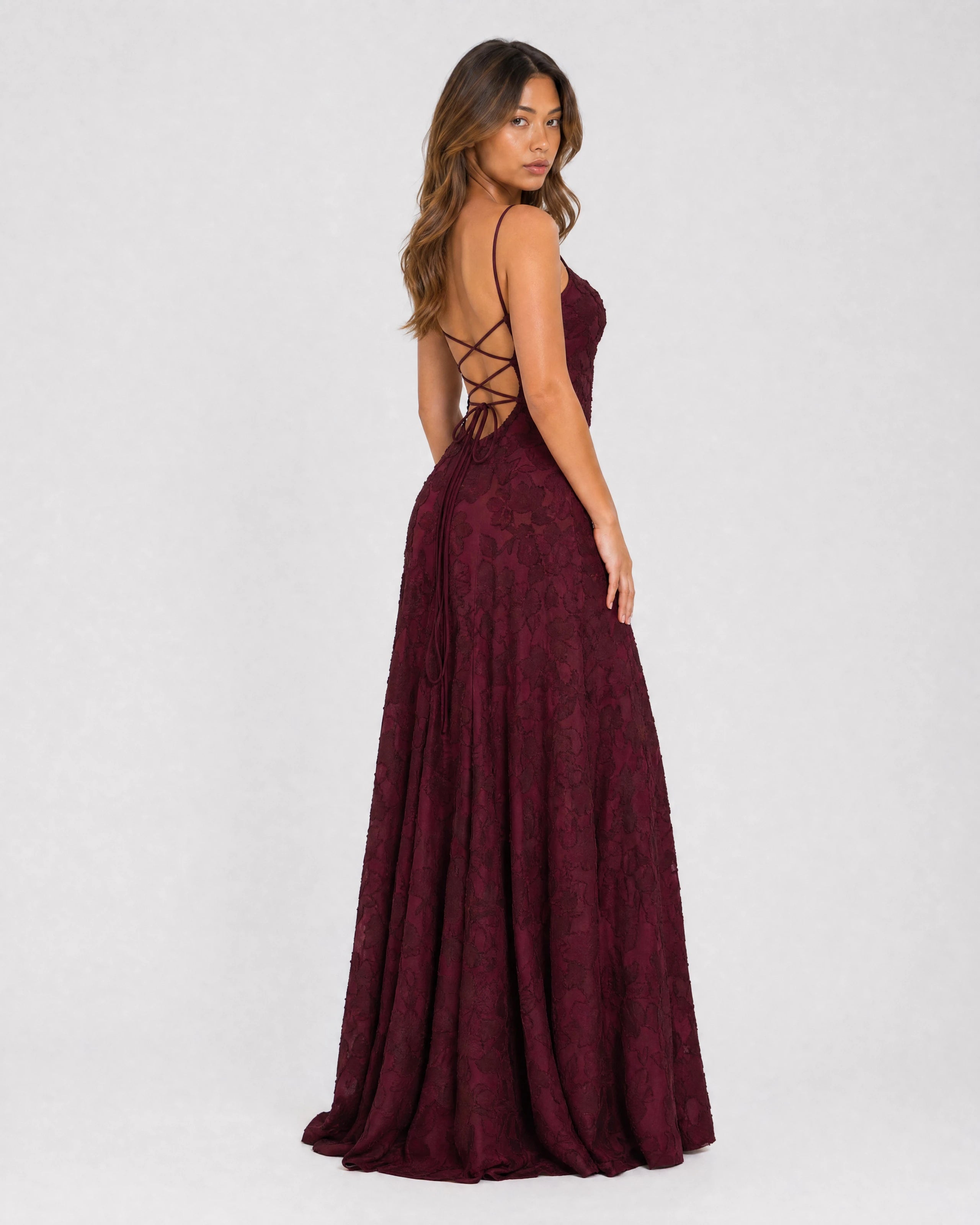 Rosewyn wine red floral burnout maxi gown - three-quarter back view