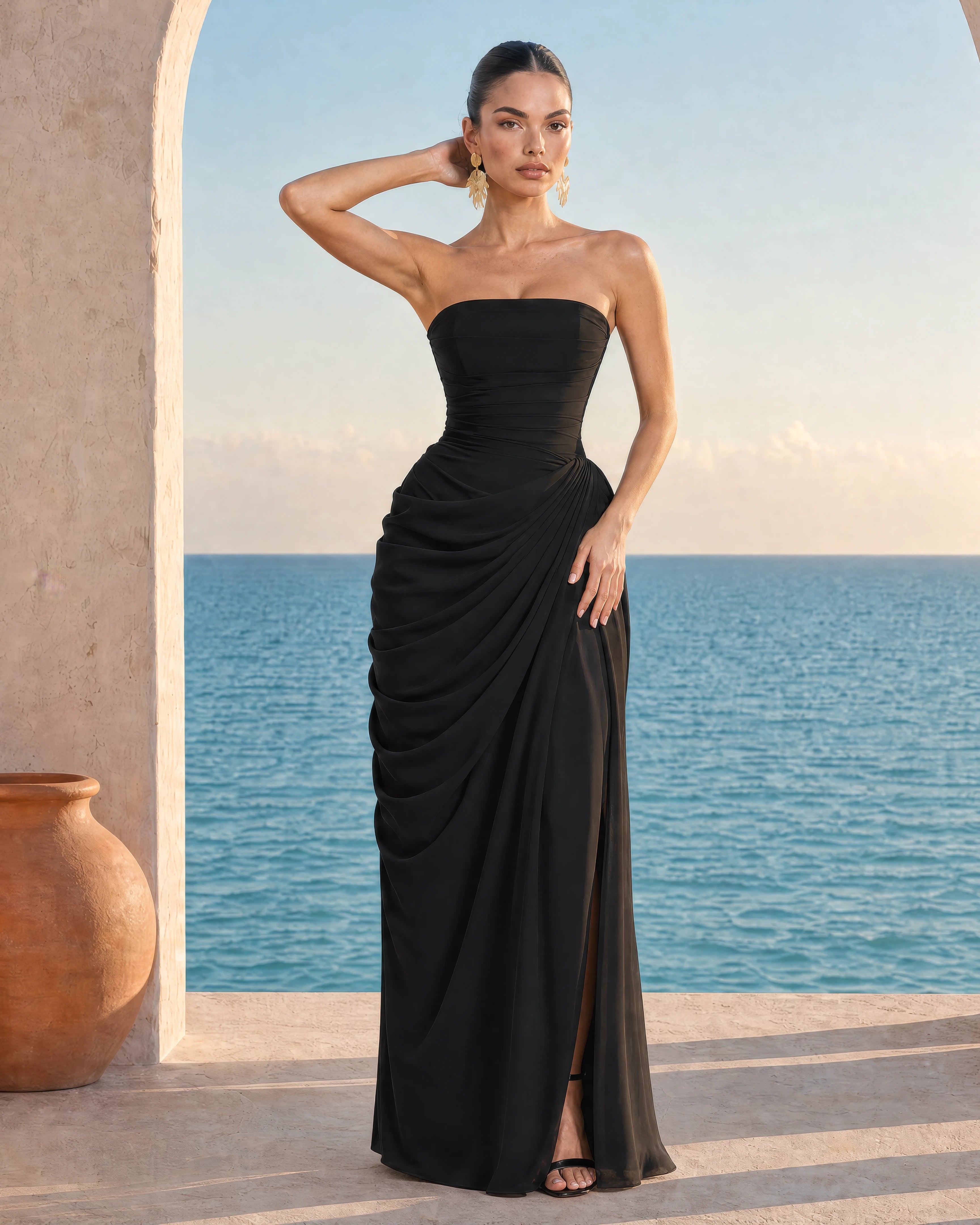 Seraphine black pleated corset maxi dress
