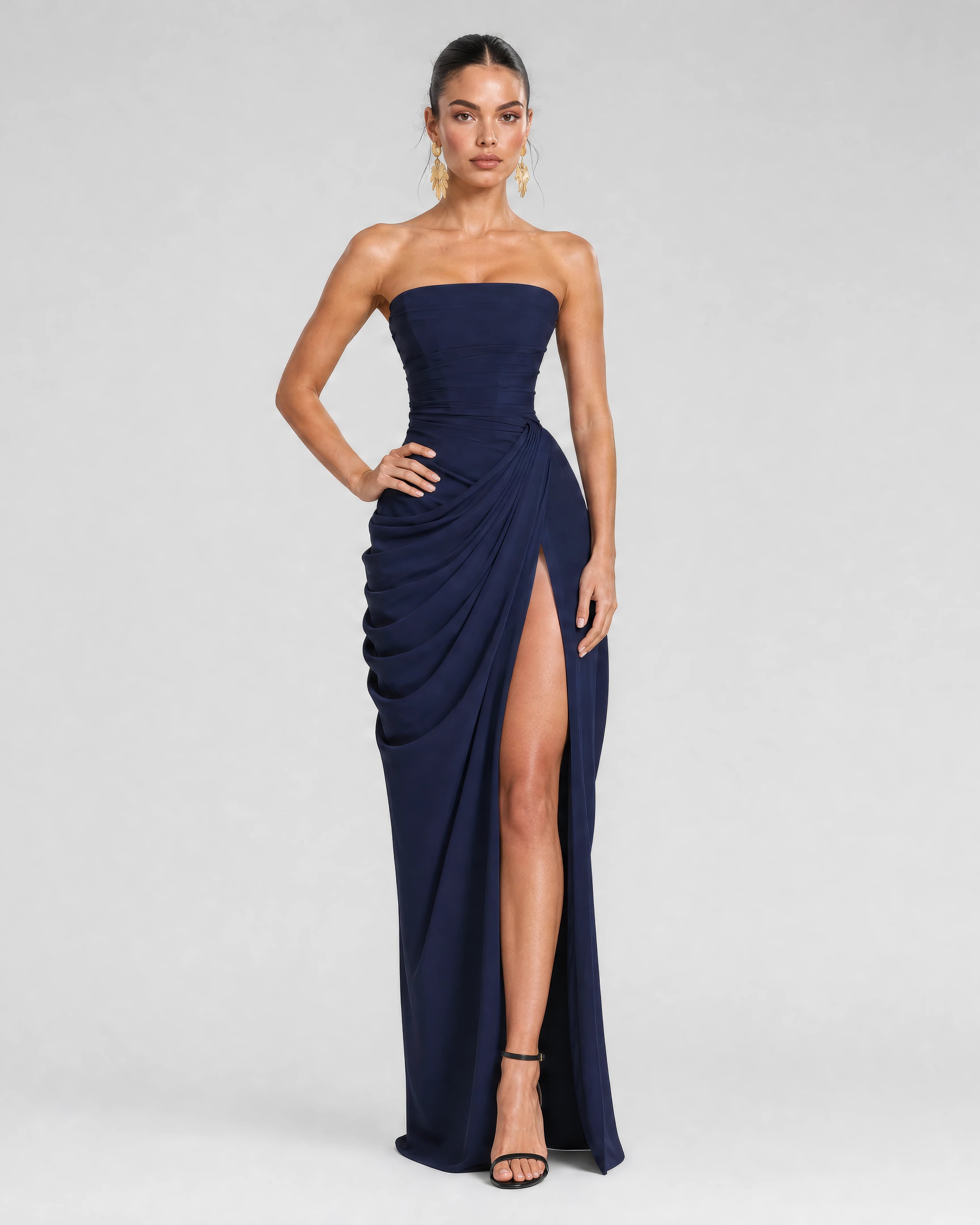 Seraphine navy pleated corset maxi dress