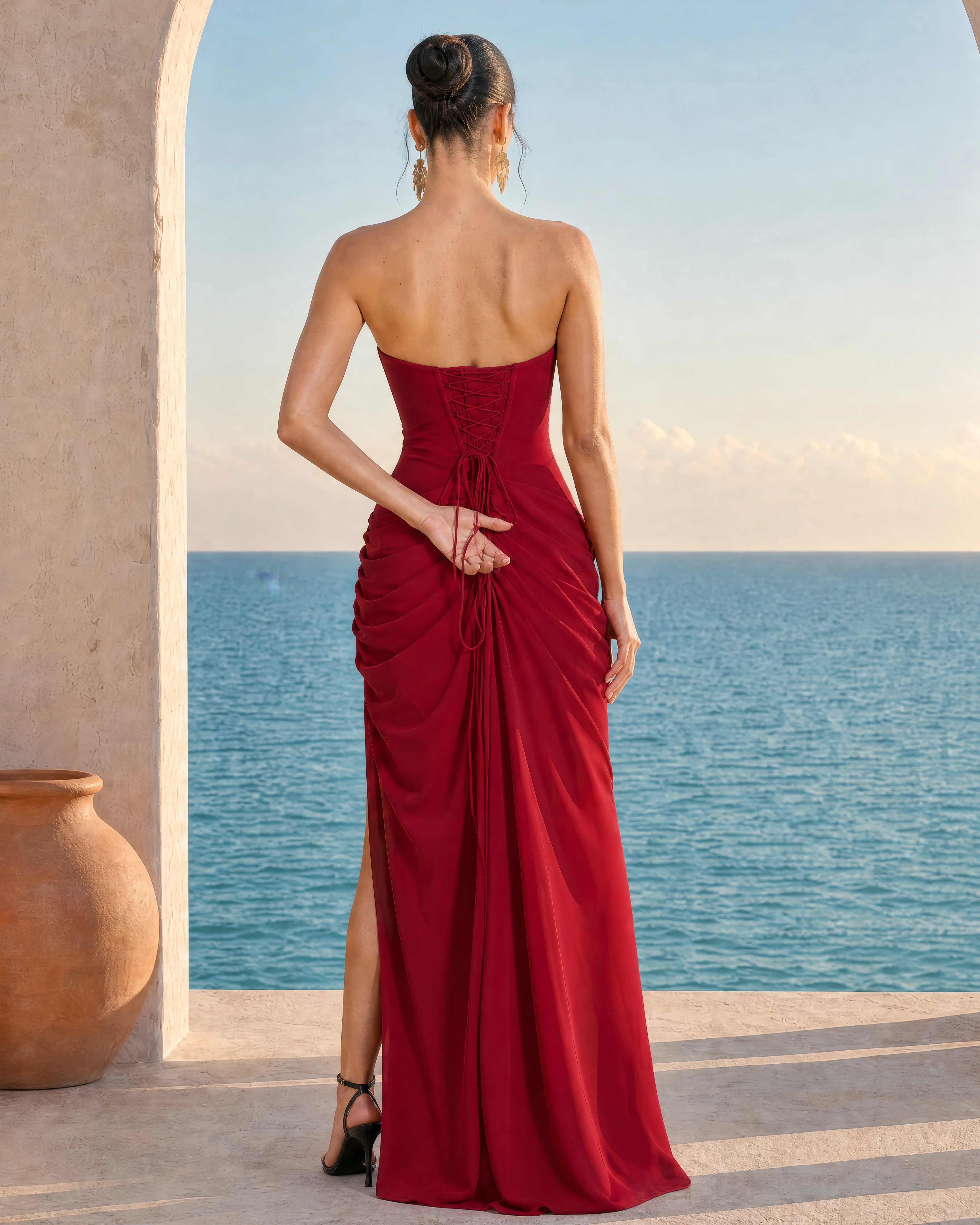 Seraphine wine red pleated corset maxi dress