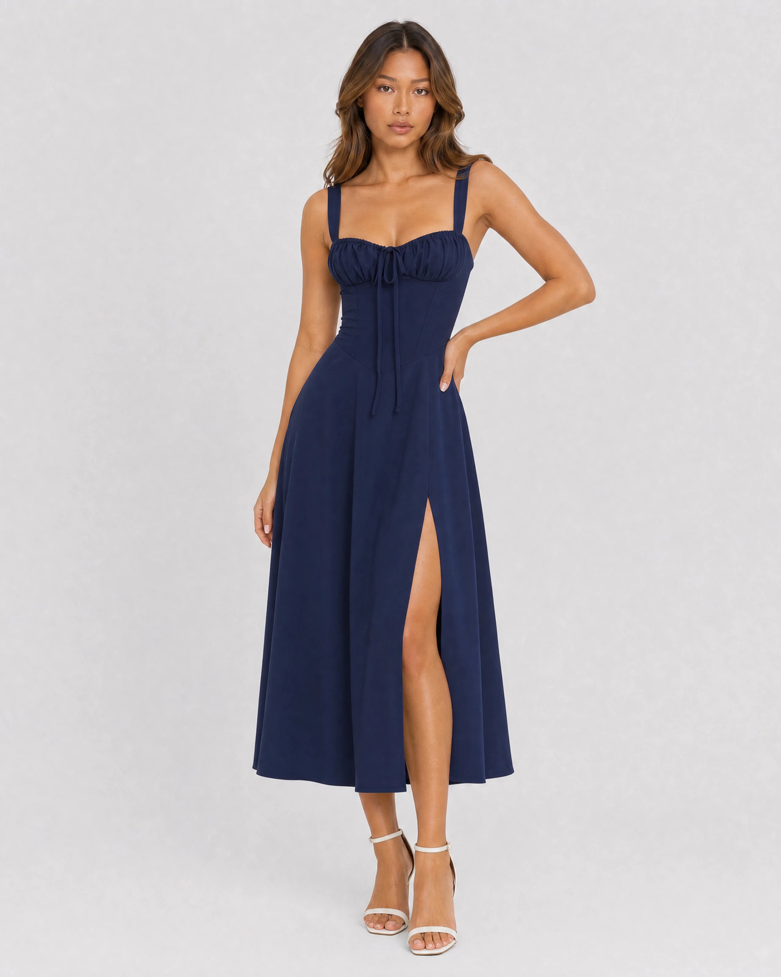 Soleil lace-up corset midi dress in dark blue, front variant