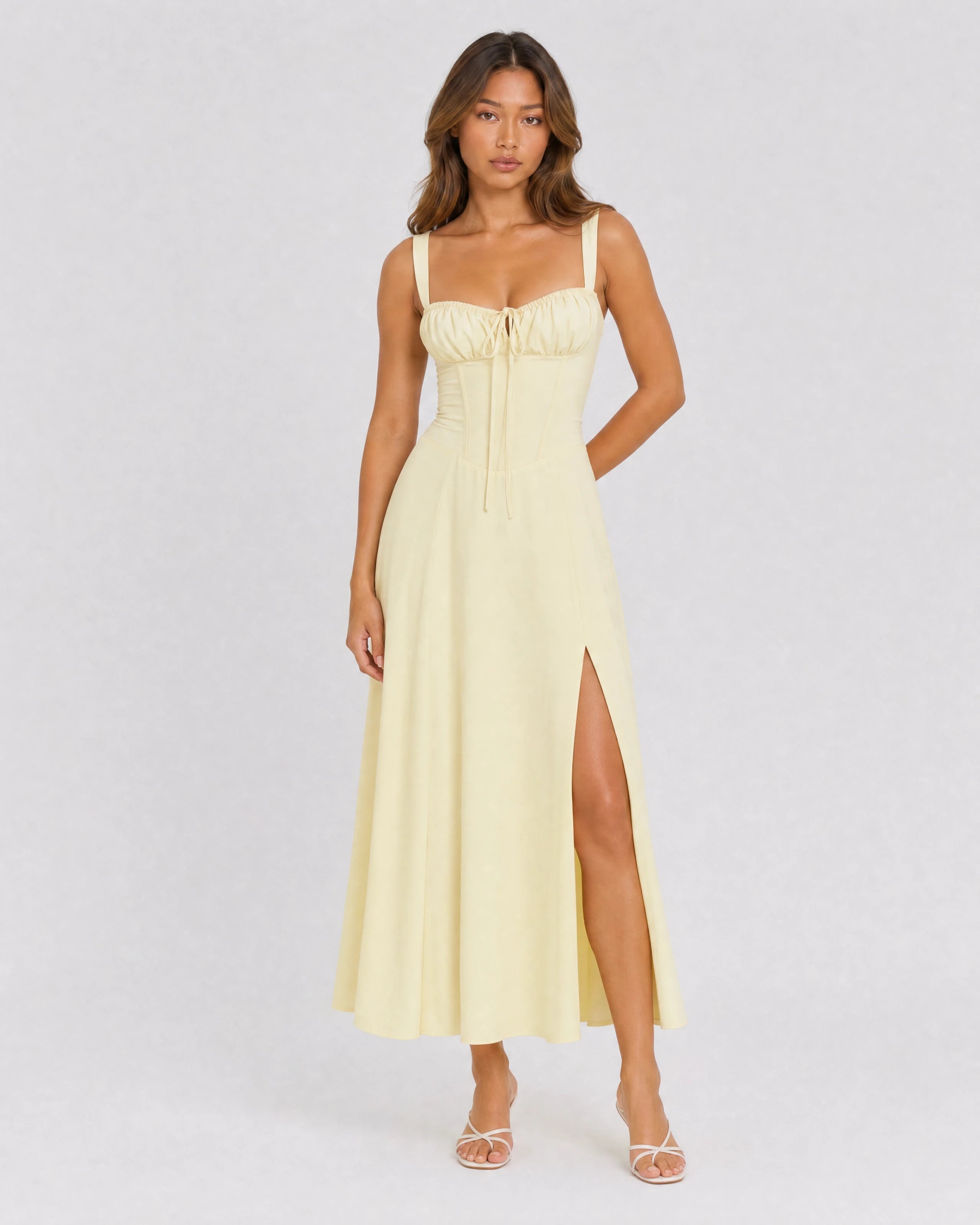 Soleil lace-up corset midi dress in butter yellow, front variant